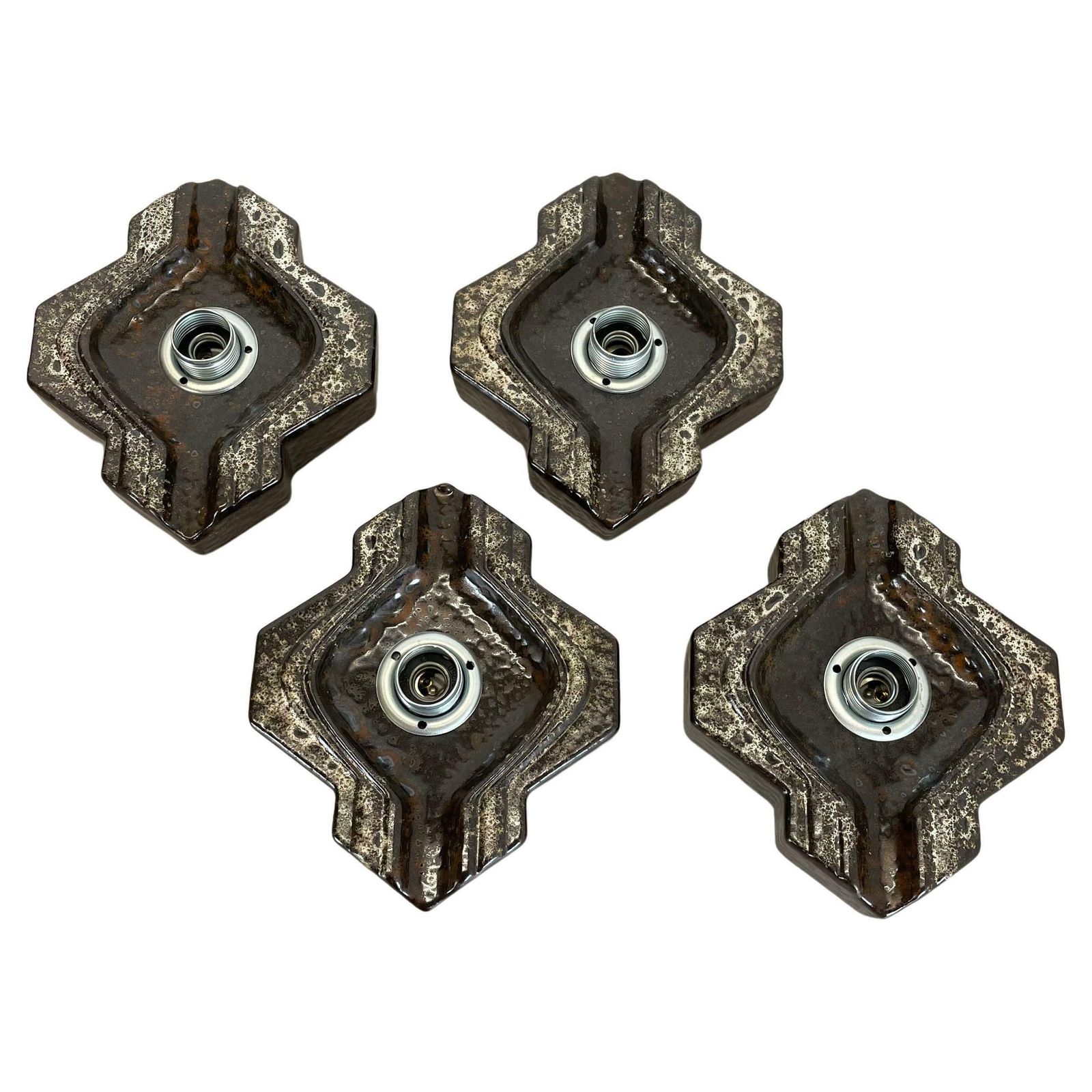 Set Of Four Brown Beigeceramic Fat Lava Wall Lights By Pan Ceramics Germany 1970