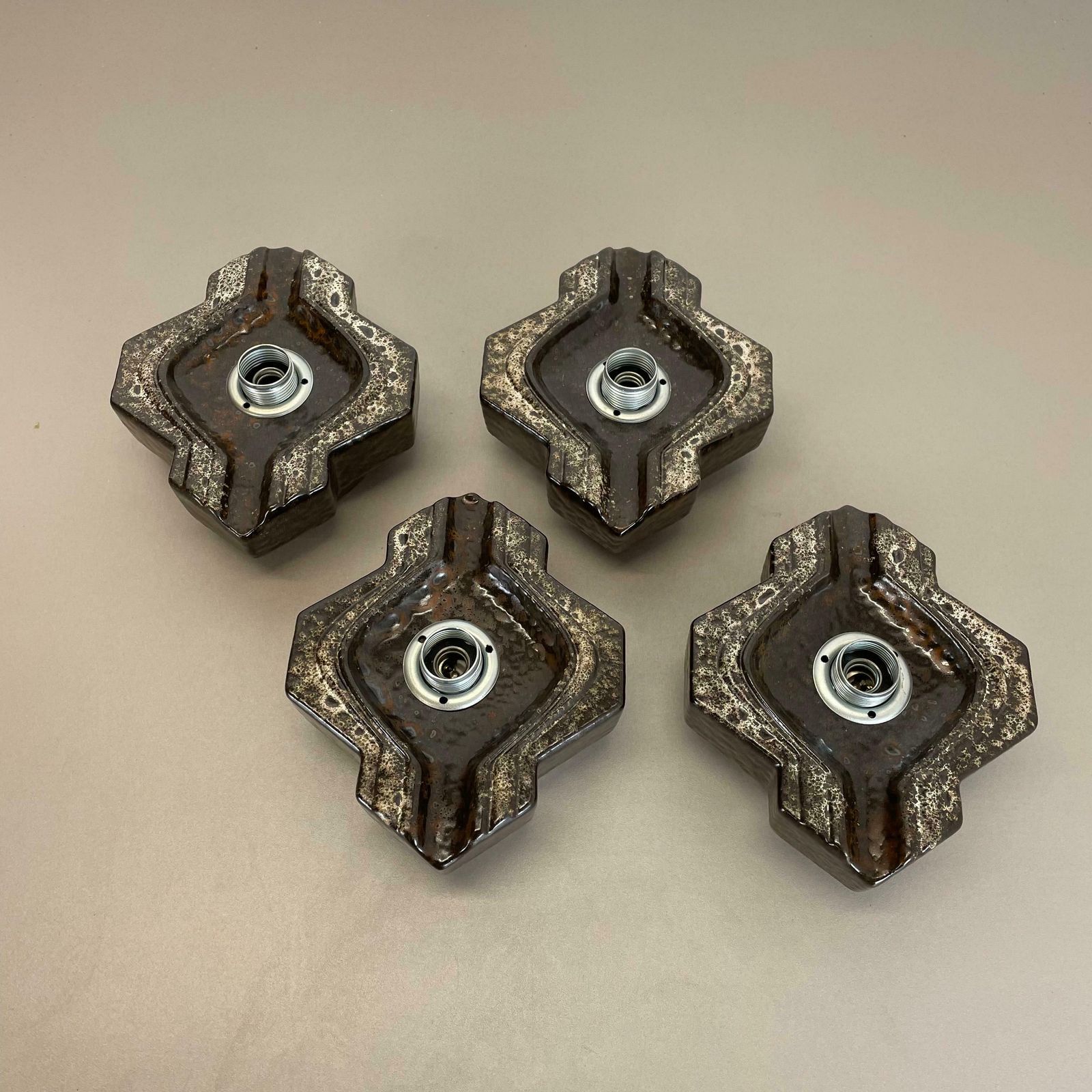 Set Of Four Brown Beigeceramic Fat Lava Wall Lights By Pan Ceramics Germany 1970 photo for sale
