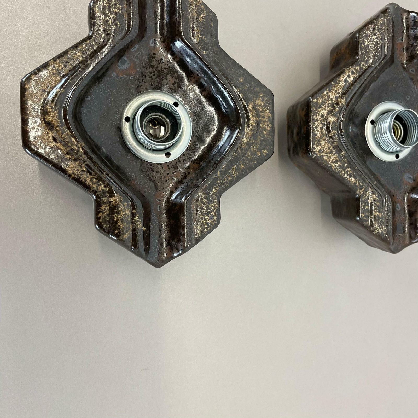 Set Of Two Brown Beige Ceramic Fat Lava Wall Lights By Pan Ceramics Germany 1970 photo 567.0