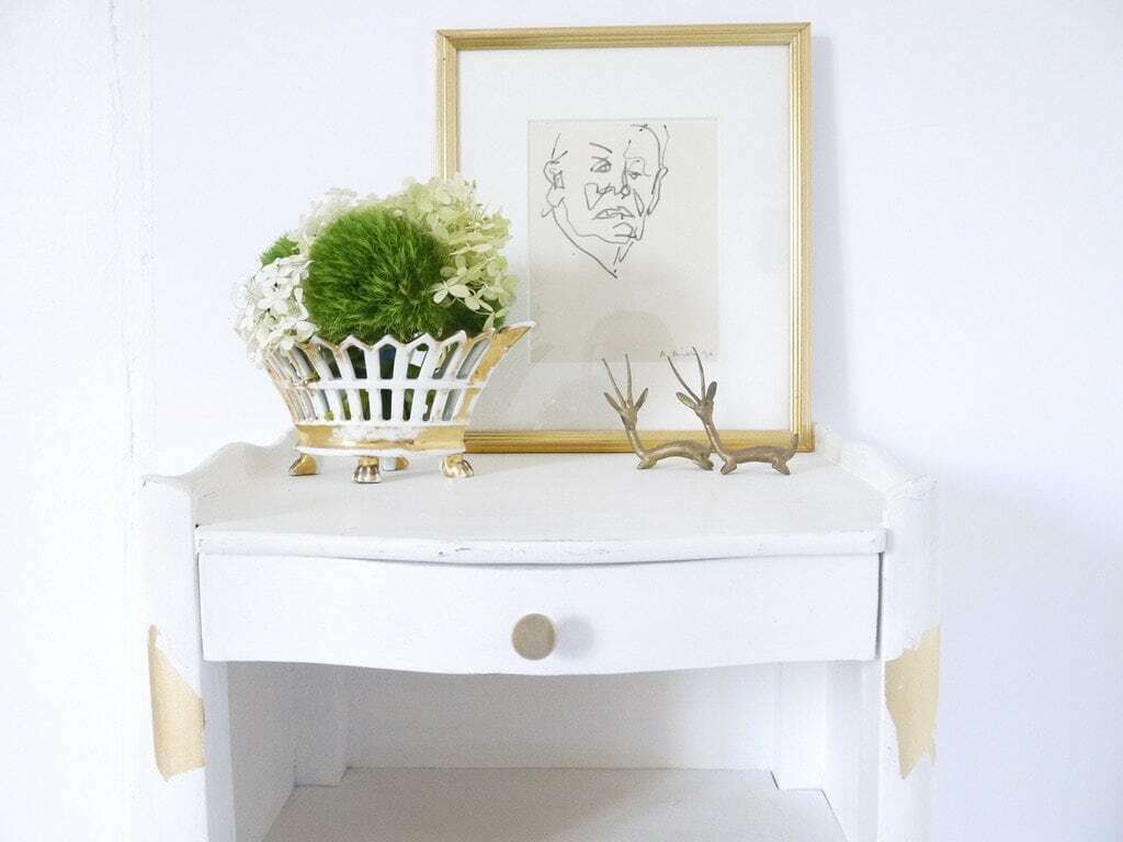 French Cottage Style White Nightstand, Shabby Chic Vintage Bedside Tables, Repainted With A White Chalk Paint And Gold Gilding photo for sale