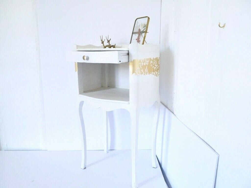 French Cottage Style White Nightstand, Shabby Chic Vintage Bedside Tables, Repainted With A White Chalk Paint And Gold Gilding photo Furniture