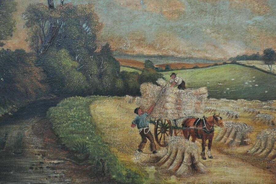 Folk Art Naive Painting Oil On Canvas Rural Stacking Hay photo Art