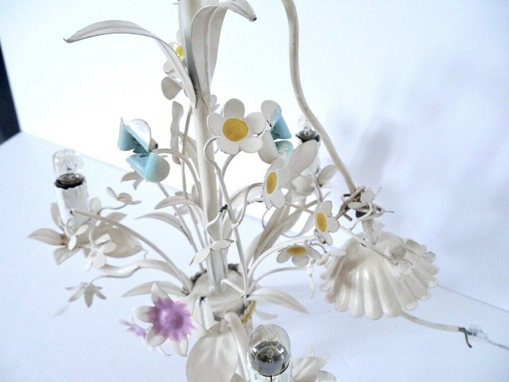 French Vintage Metal Tole Chandelier Yellow Voilet And Blue Green Multifloral  Light Fixture Pendant photo for sale