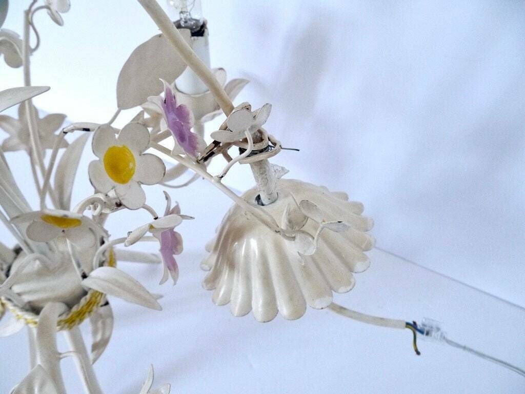French Vintage Metal Tole Chandelier Yellow Voilet And Blue Green Multifloral  Light Fixture Pendant photo Lighting