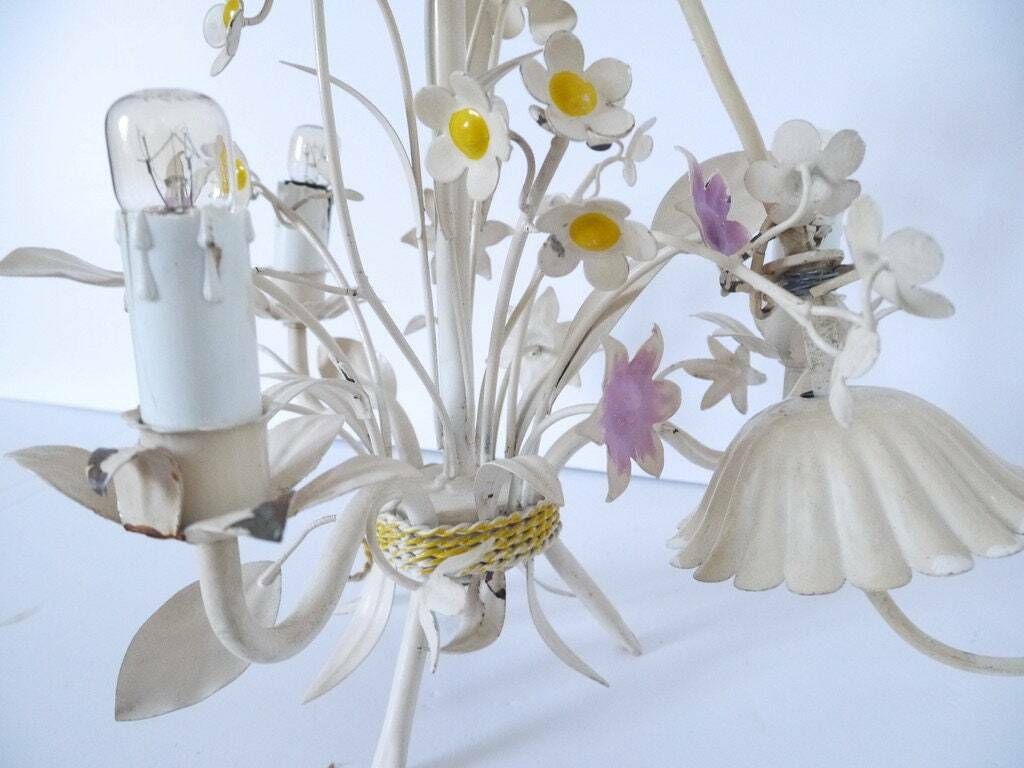 photo furniture French Vintage Metal Tole Chandelier Yellow Voilet And Blue Green Multifloral  Light Fixture Pendant