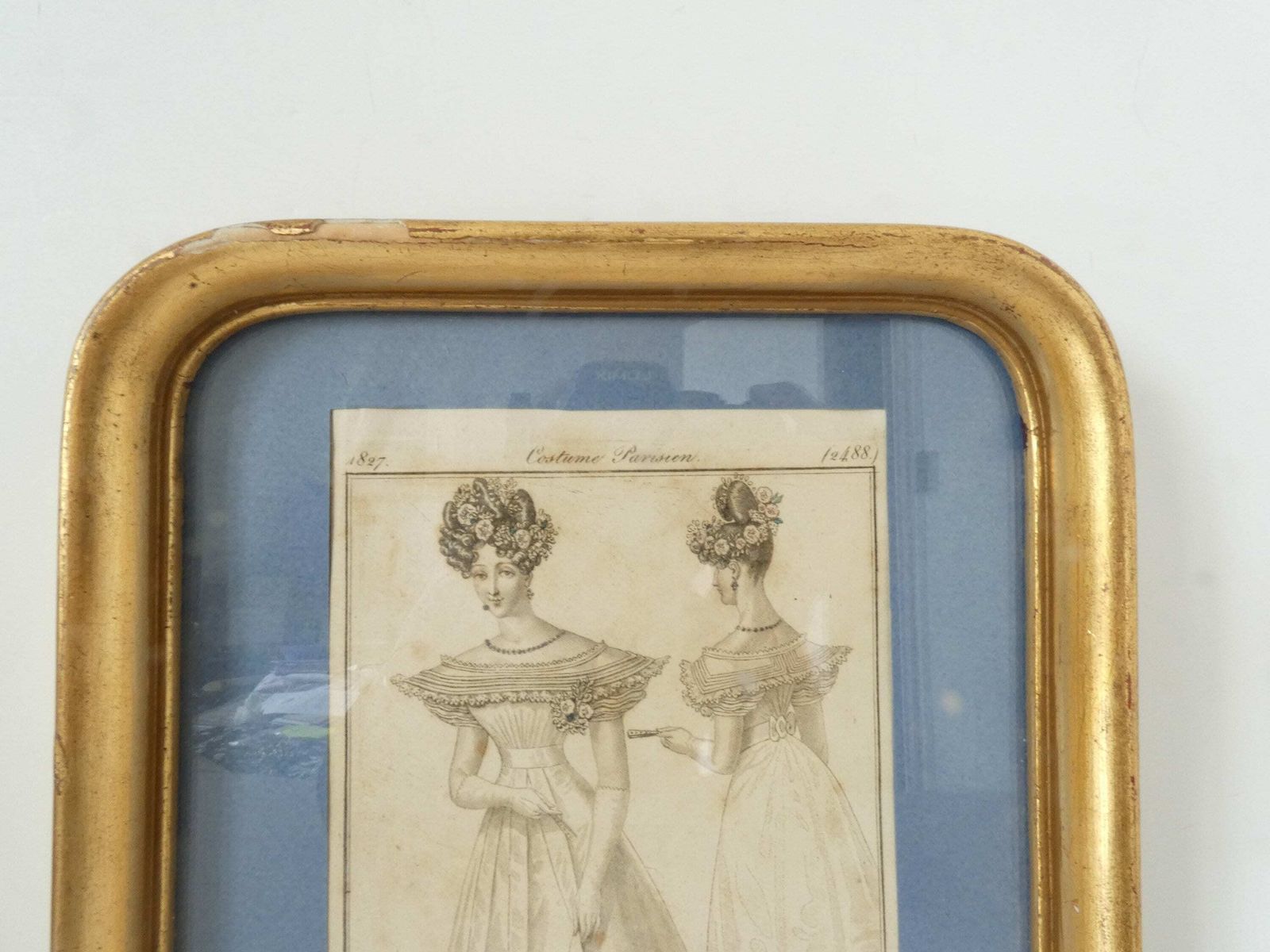 French Vintage Gilded Wood Framed Wedding Dress Advertising 1827 Catalog photo furniture