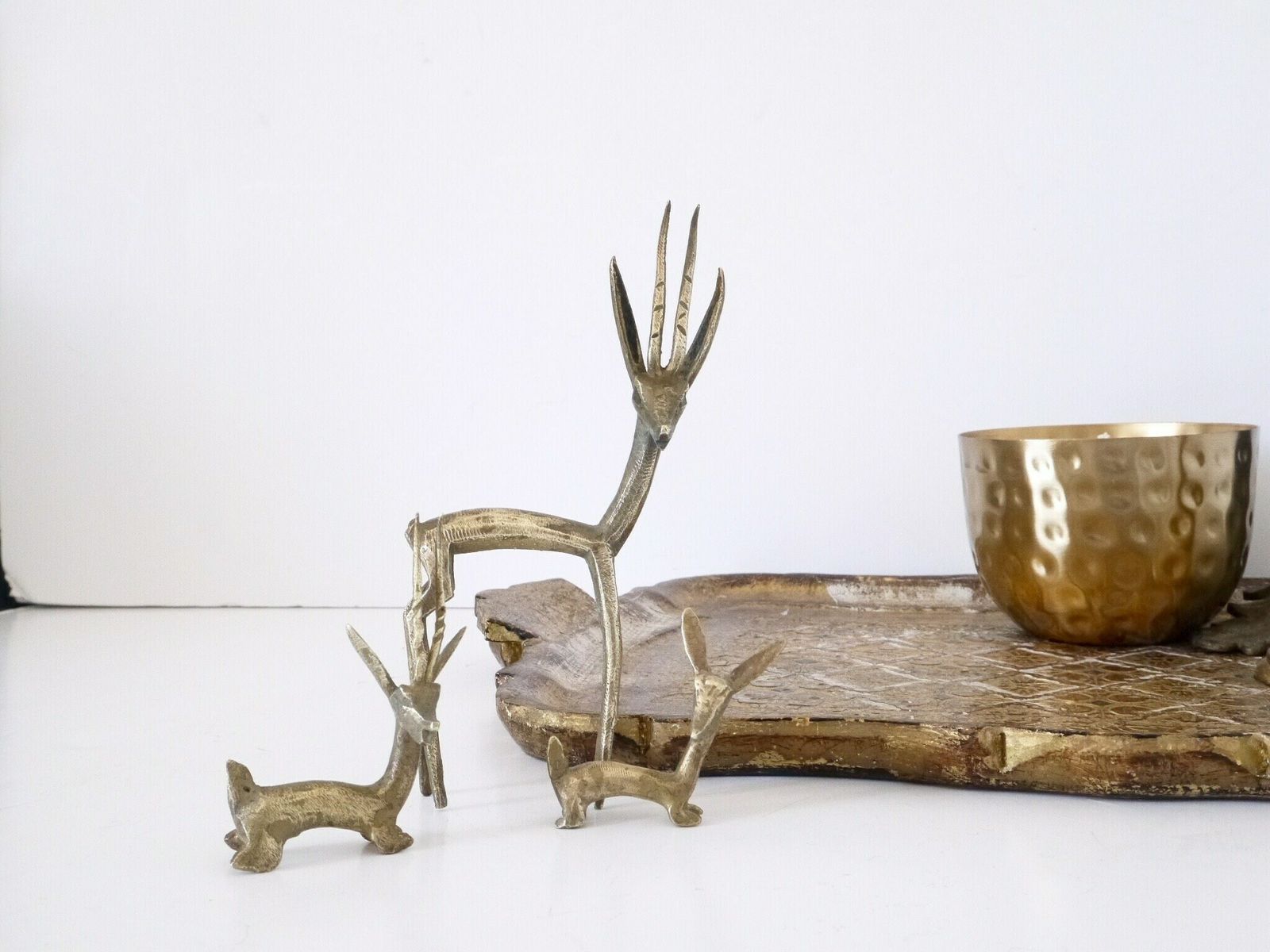 Mid Century Brass Of Antelope Figurines Ibex Deer Family Statue Art Woodland Animal Gazelle Sculpture Handmade photo vinterior