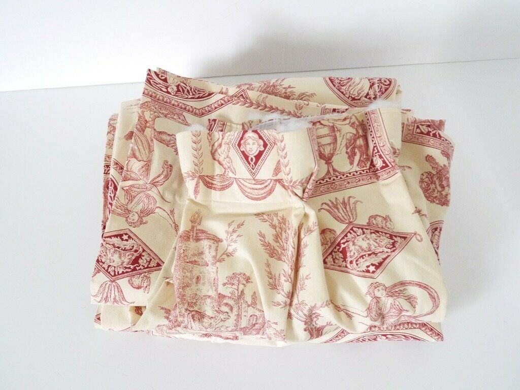 French Antique Drape Curtains Provencal French Toile De Jouy 30x95 Long Panels Window Pair (2) Red Farm Animals photo furniture