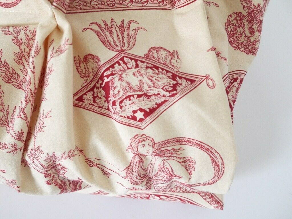 French Antique Drape Curtains Provencal French Toile De Jouy 30x95 Long Panels Window Pair (2) Red Farm Animals photo for sale
