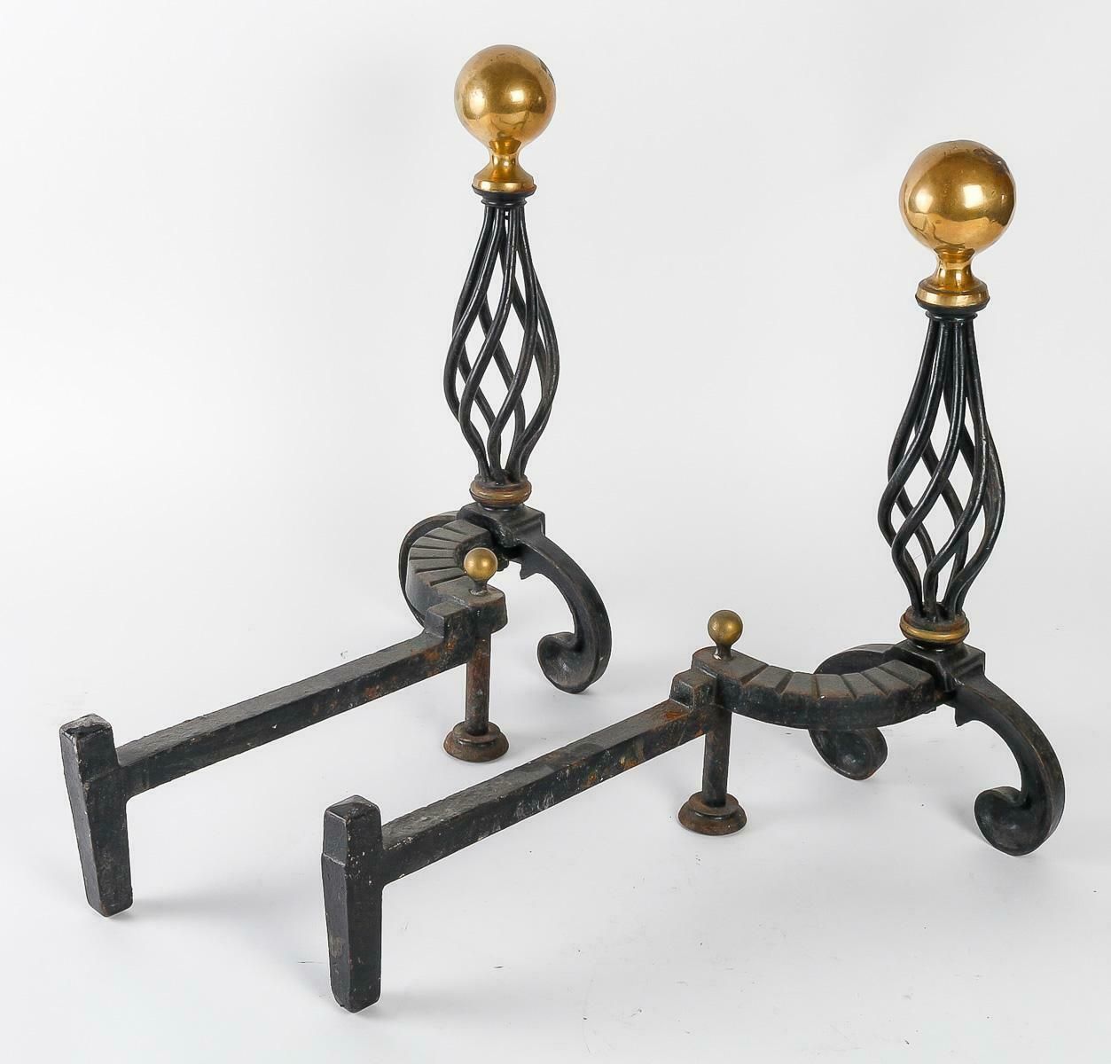 Pair Of Wrought Iron Fire Dogs, Circa 1940 photo vinterior