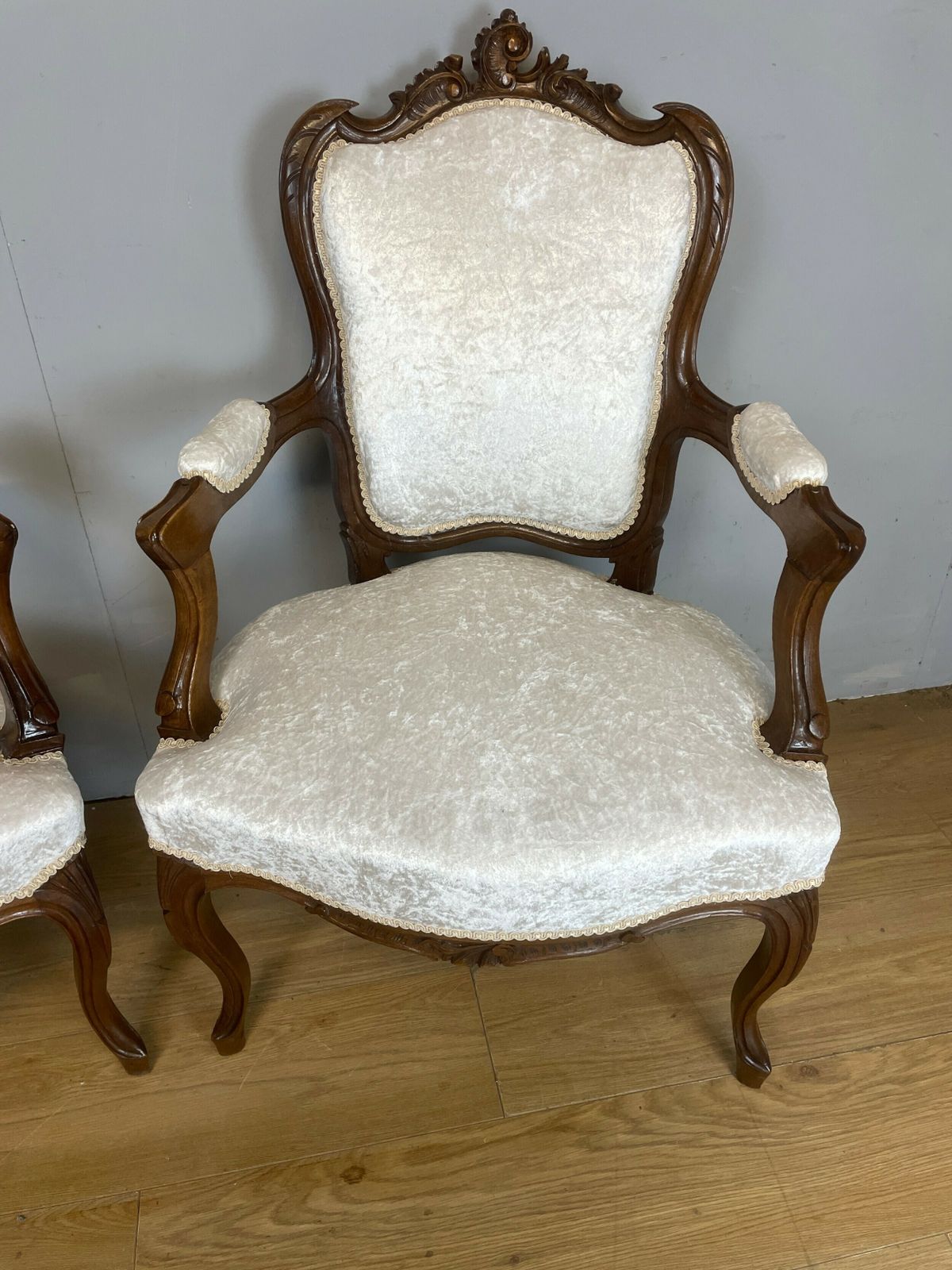 Pair Of French Carved Walnut Open Armchairs C.1910 photo furniture