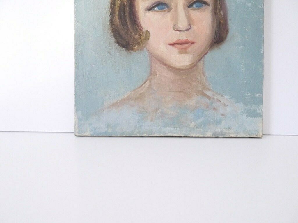 French Oil Portrait Painting Blue Girl photo for sale