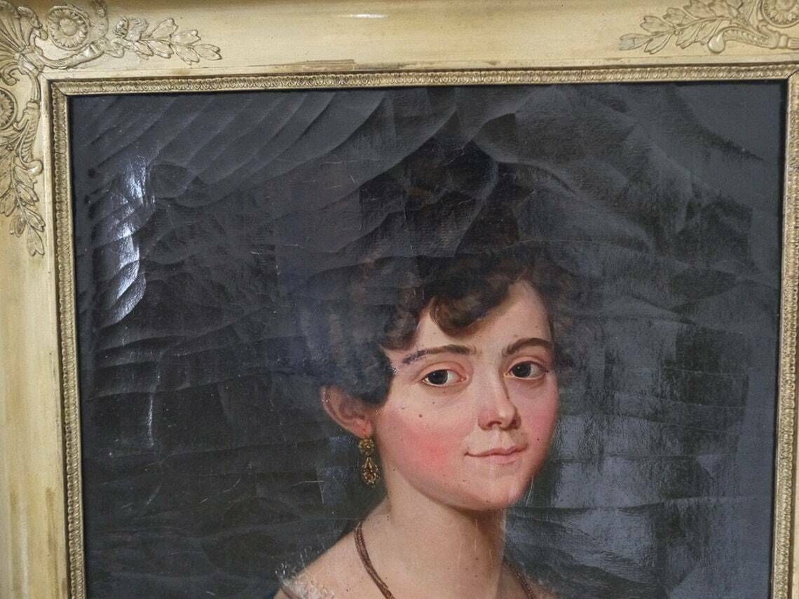 French Oil Portrait Painting 19c Women In Green Velvet Dress photo furniture