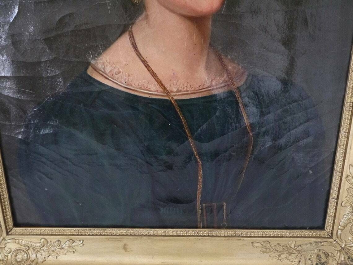 French Oil Portrait Painting 19c Women In Green Velvet Dress photo vinterior