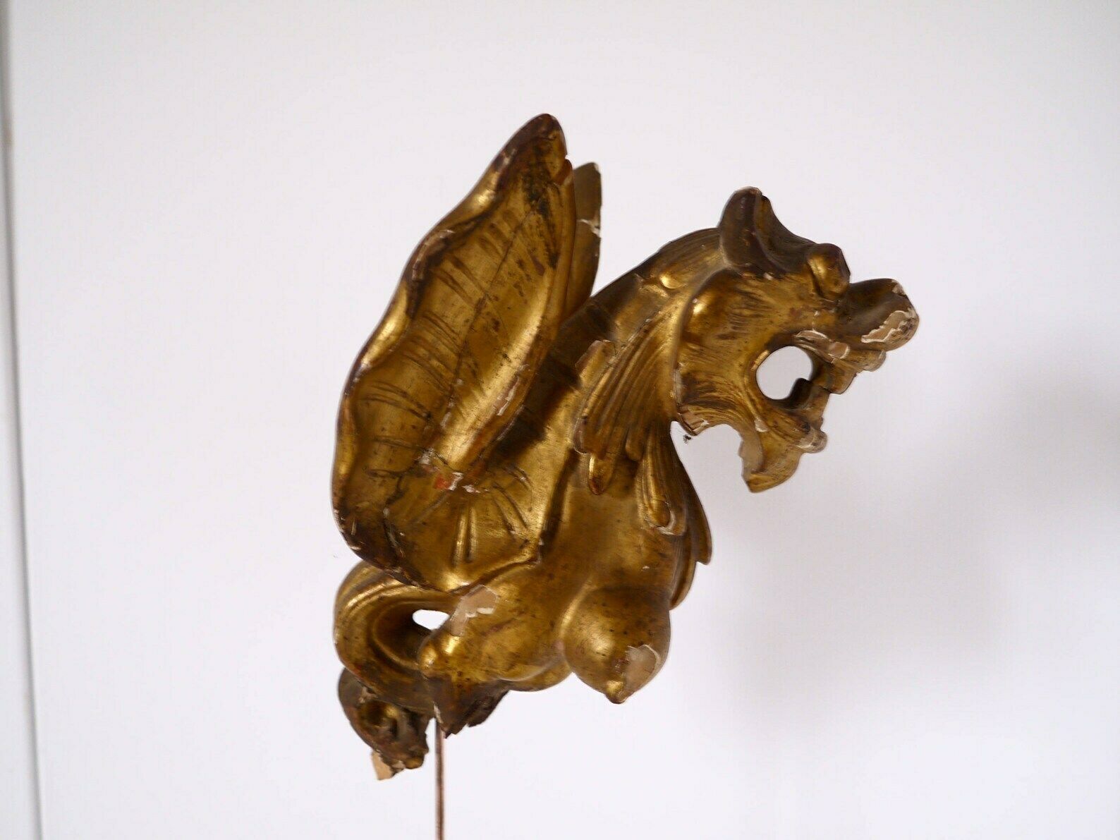 French Antique Wooden Architectural Salvage Sculpture Of A Winged Dragon photo vinterior