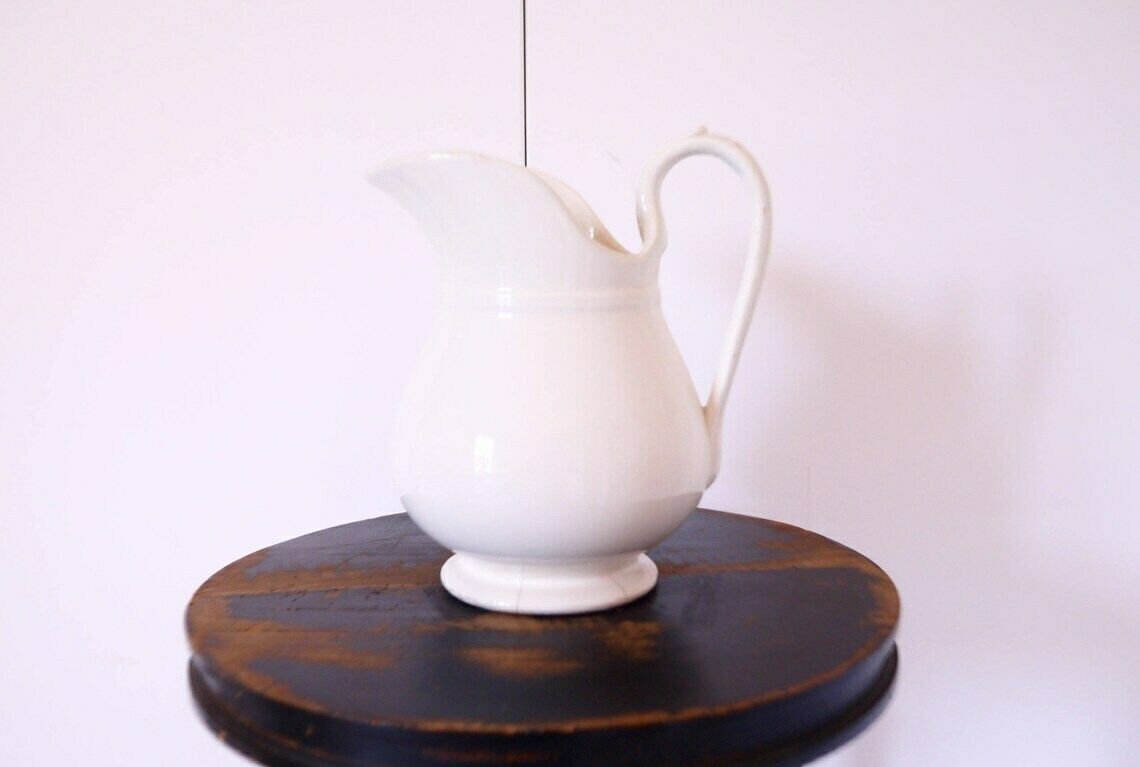French Ironstone Pitcher White French Vintage Jug Sarreguemines French Server, French Tabletop