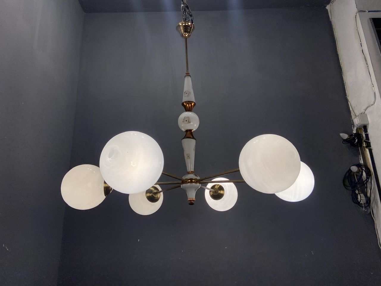 1960’s Sputnik Brass Opaline Glass Chandelier 6 Lights photo Lighting