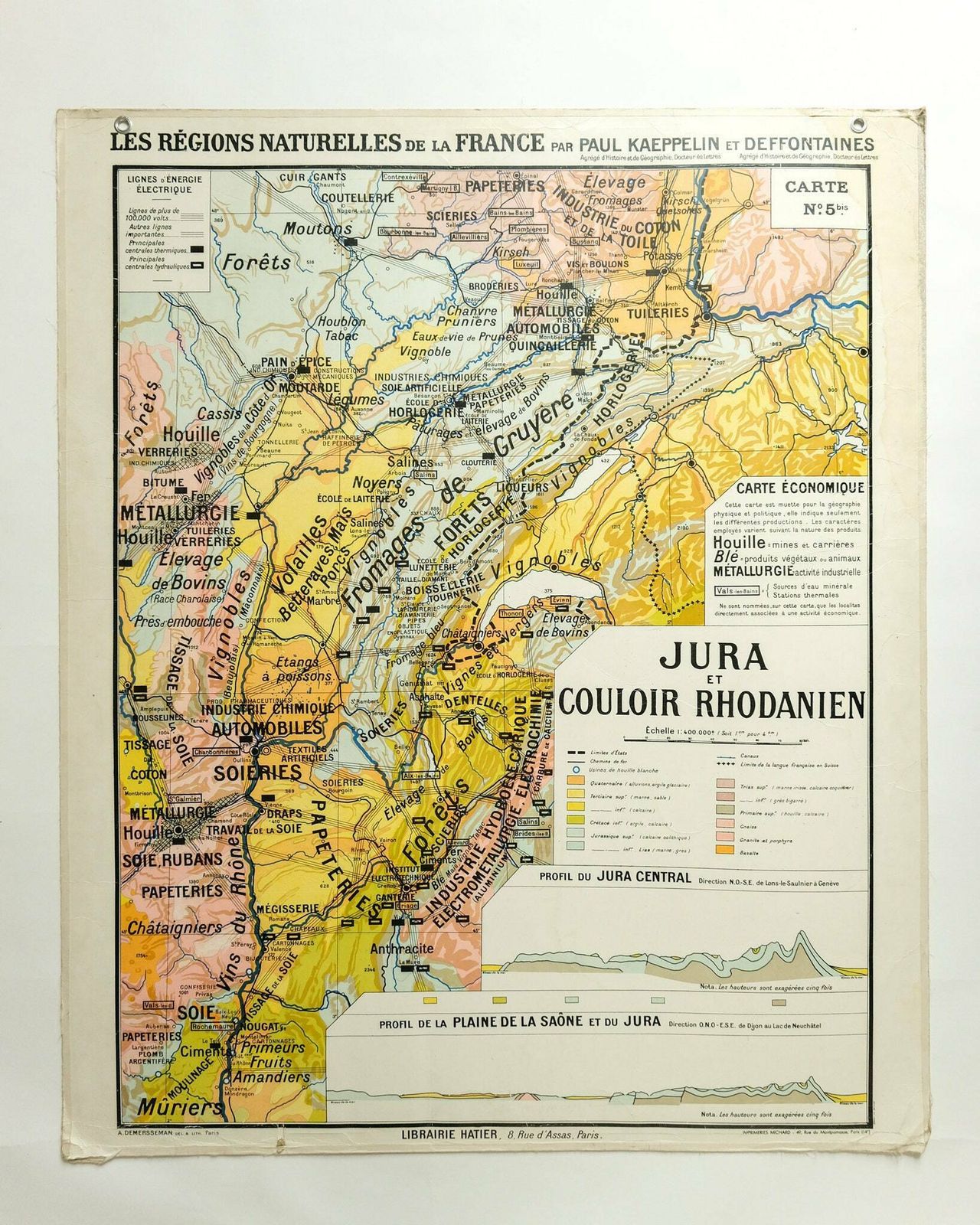 Original 1950s Large Vintage French Educational School Wall Chart Jura Double Sided Map Beautiful Rare Paul Kaeppelin Lyon Geneva Grenoble photo 256.0