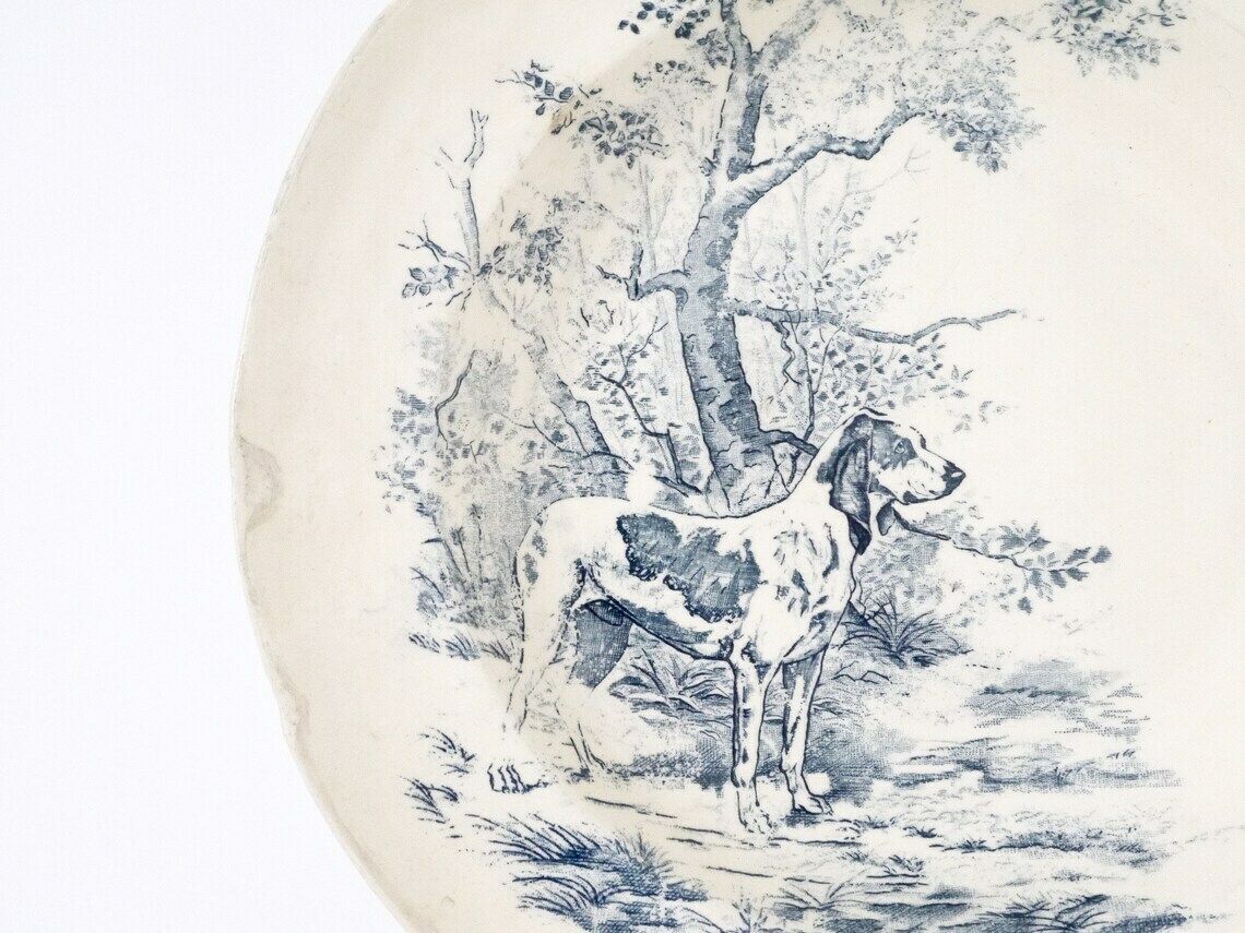 French Vintage Blue And White Plate Ironstone Hunting Dog Staffordshire Flow Blue Delph Blue Blue Willow Large 12 Inches photo for sale