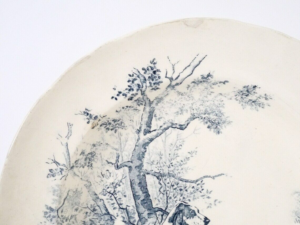French Vintage Blue And White Plate Ironstone Hunting Dog Staffordshire Flow Blue Delph Blue Blue Willow Large 12 Inches photo Home Decor