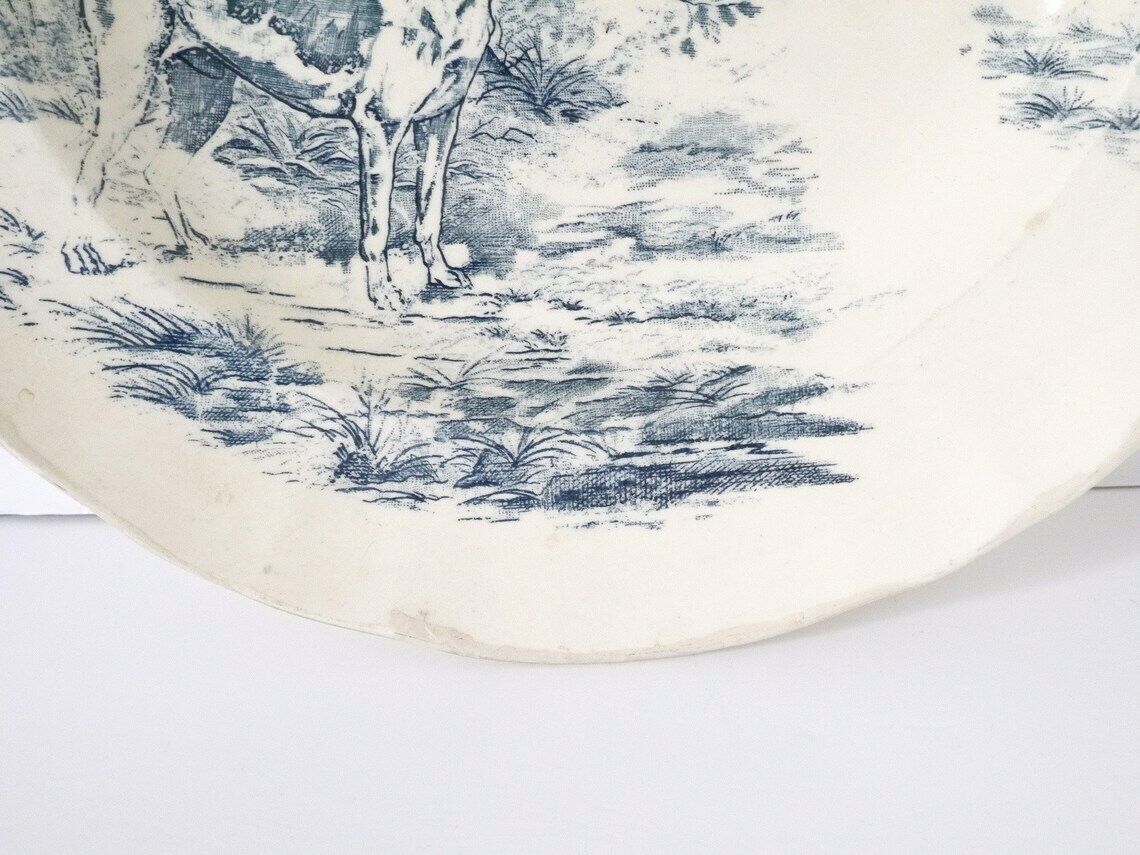French Vintage Blue And White Plate Ironstone Hunting Dog Staffordshire Flow Blue Delph Blue Blue Willow Large 12 Inches photo 110.0