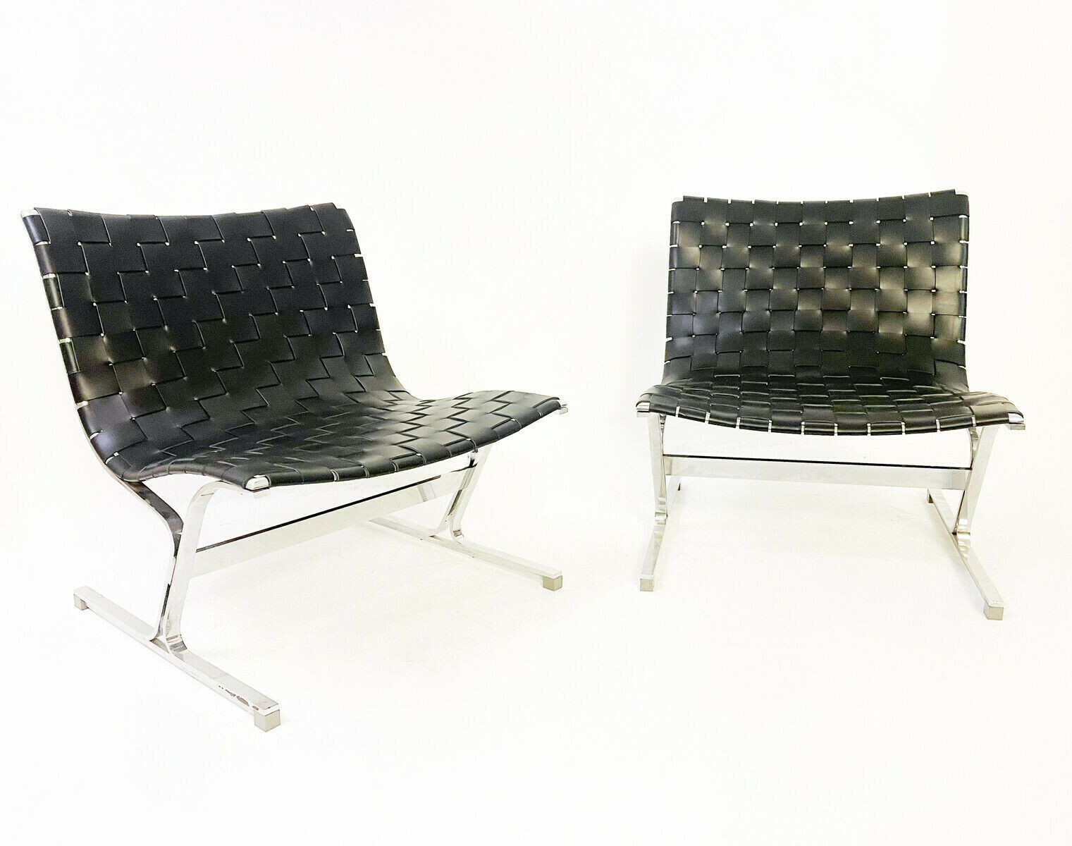 Pair Of Black Leather & Chrome Lounge Chairs By Ross Littell For Icf