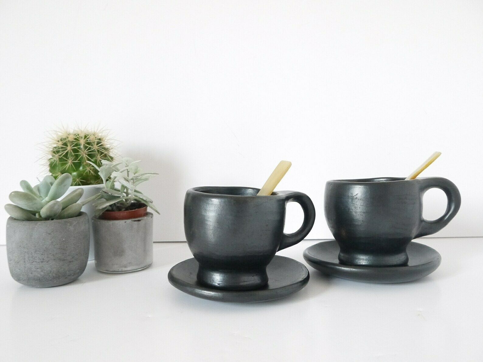 French Vintage Rustic Black Terra Cotta Coffee Cups With Saucers Handmade