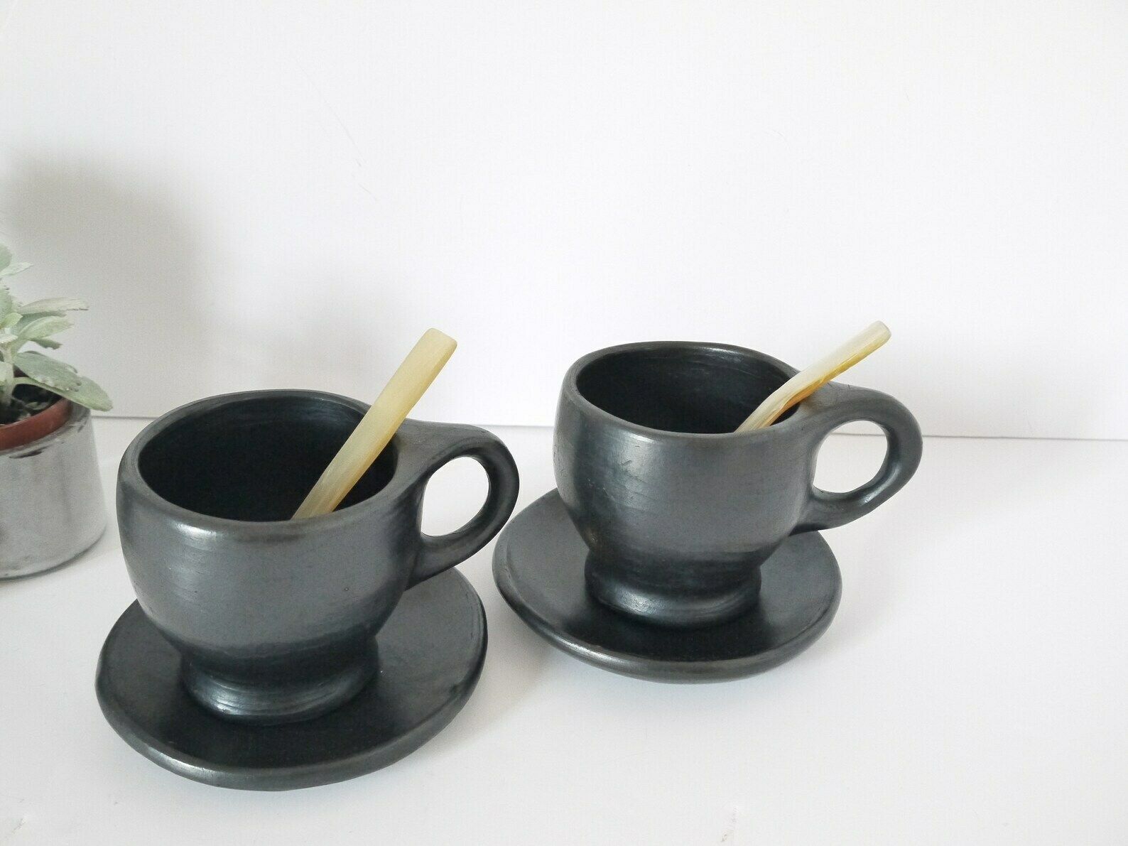 French Vintage Rustic Black Terra Cotta Coffee Cups With Saucers Handmade photo Home Decor