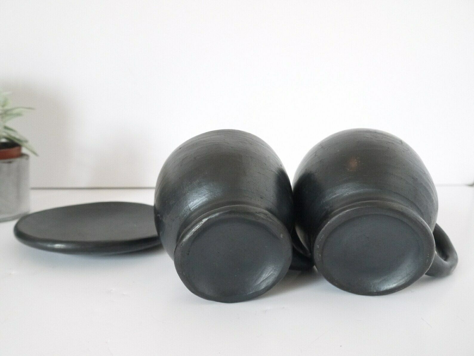 French Vintage Rustic Black Terra Cotta Coffee Cups With Saucers Handmade photo 87.0