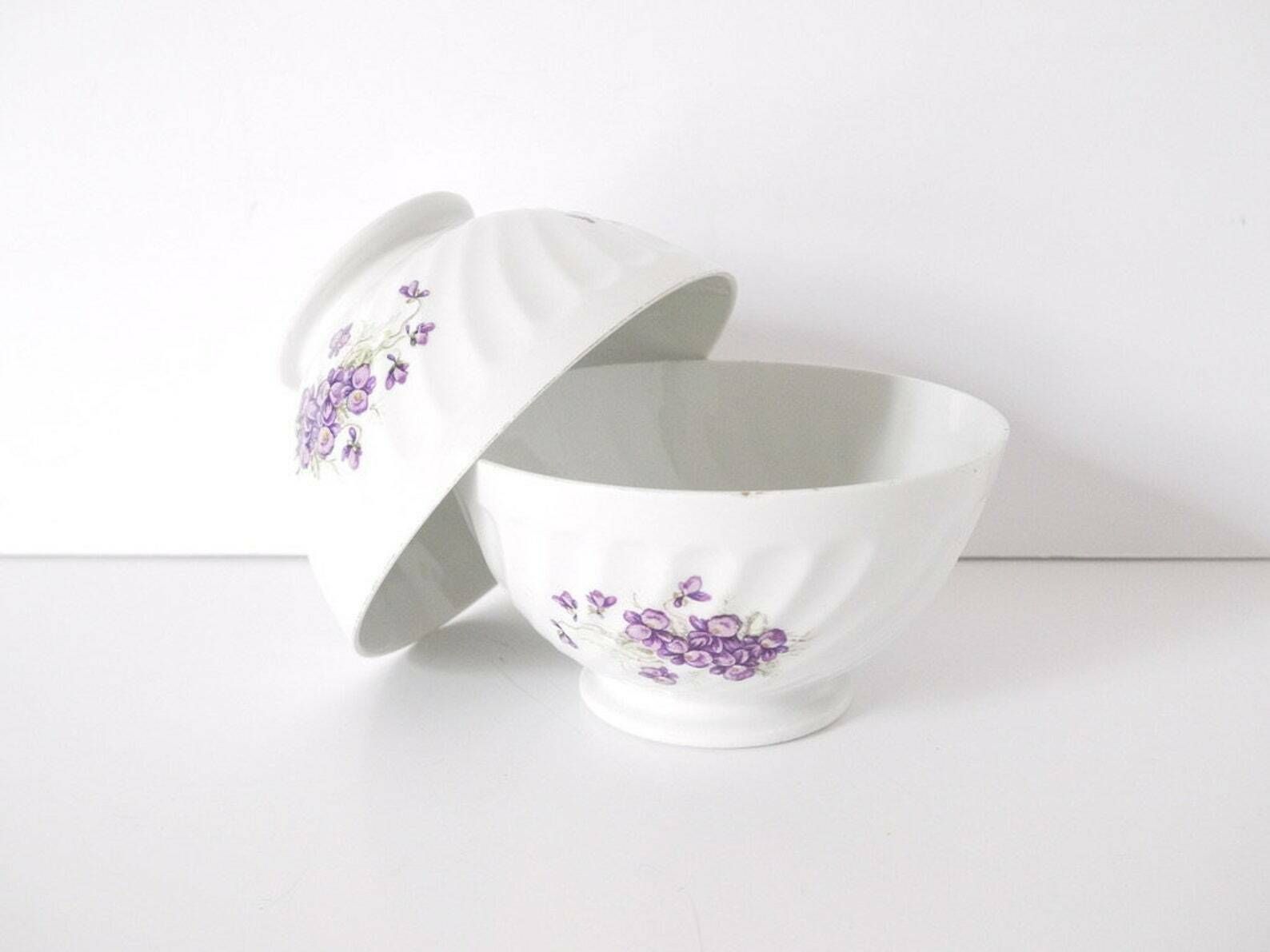 French Cafe Au Lait Bowls Set Of Two (2) Floral Lilac Porcelain