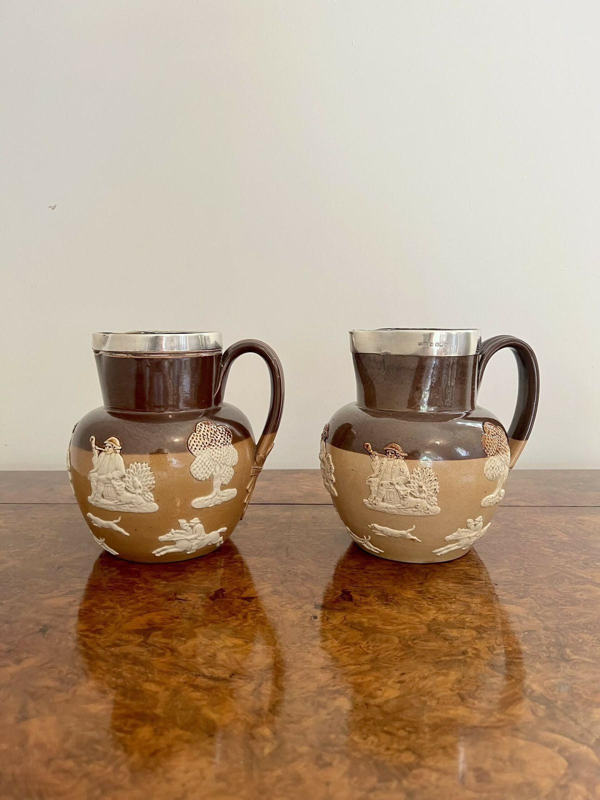 Unusual Pair Of Quality Antique Doulton Lambeth Harvest Jugs With Silver Rims photo Home Decor