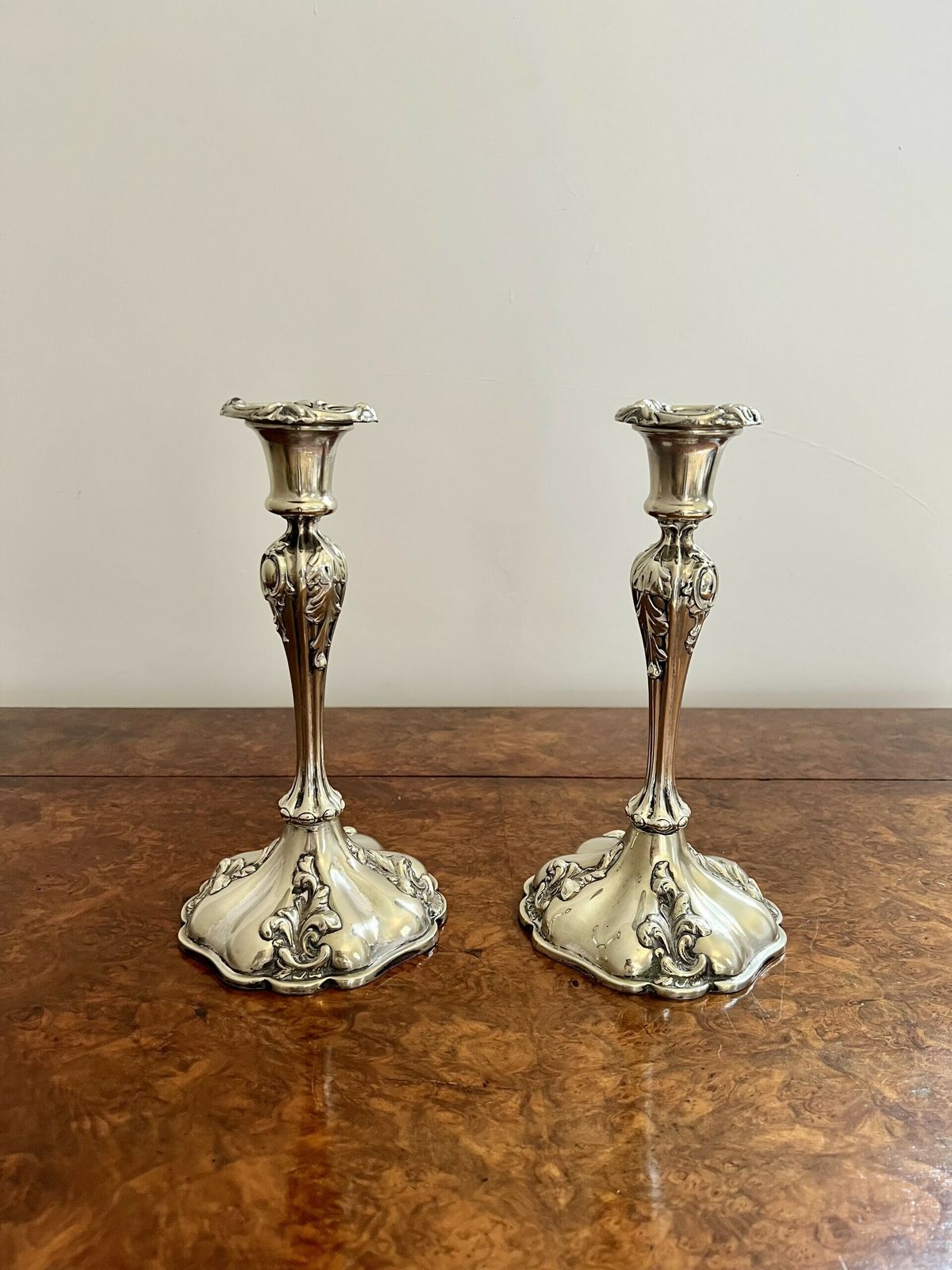 Quality Pair Of Antique Silver Plated Ornate Candlesticks photo for sale