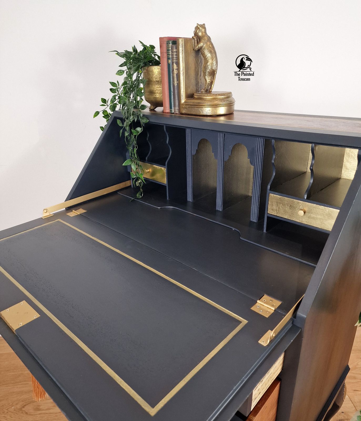 photo for sale Burr Walnut Writing Desk Bureau, Dark Blue And Gold Custom Order