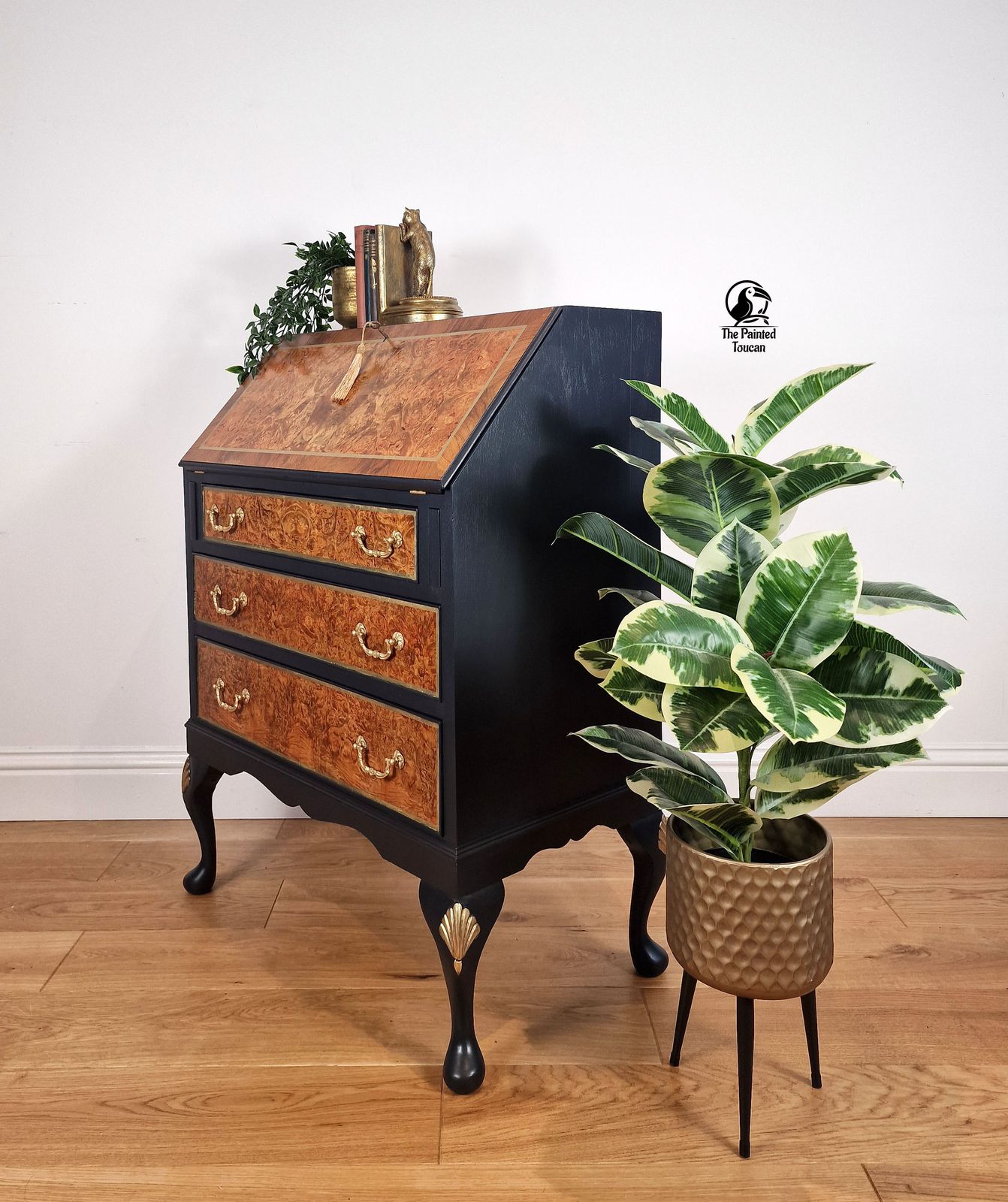 Burr Walnut Writing Desk Bureau, Dark Blue And Gold Custom Order photo for sale
