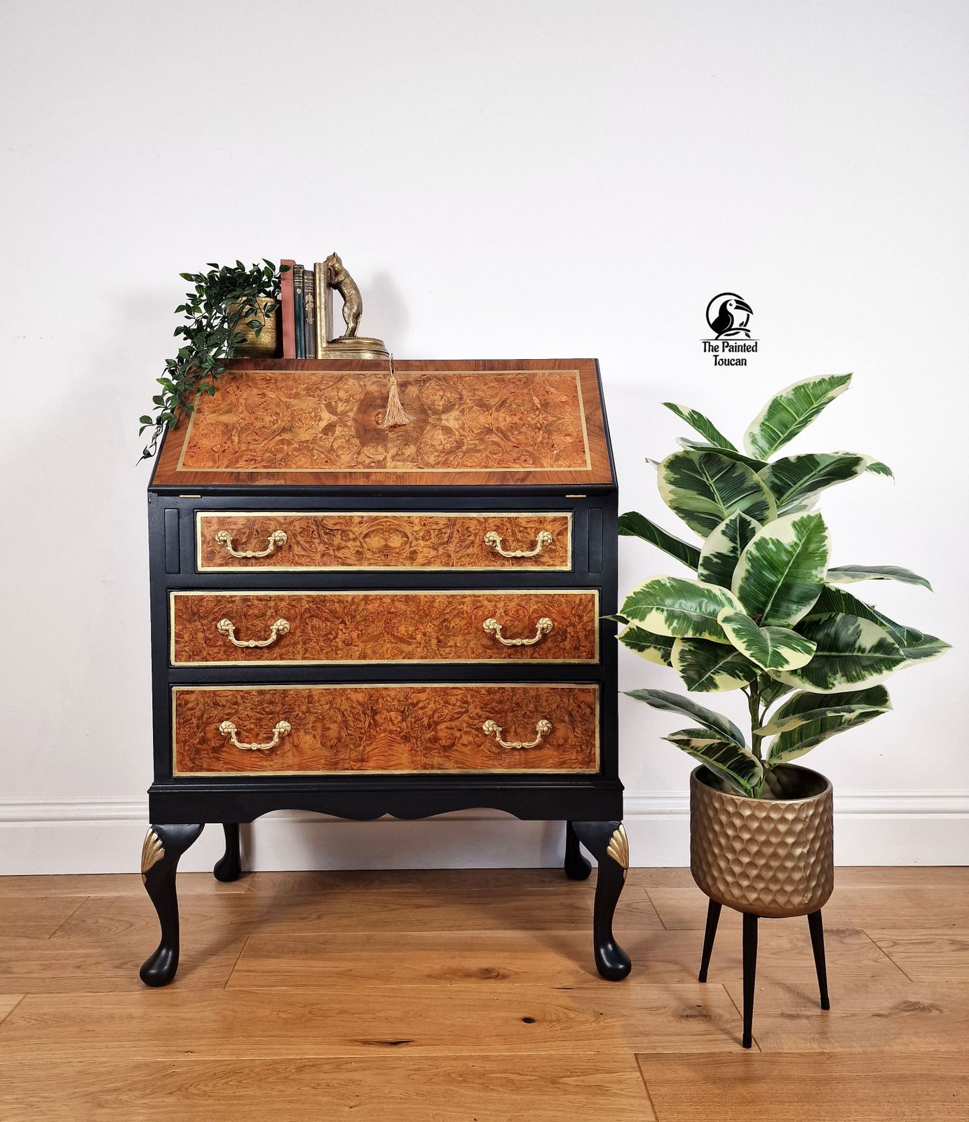Burr Walnut Writing Desk Bureau, Dark Blue And Gold Custom Order photo furniture