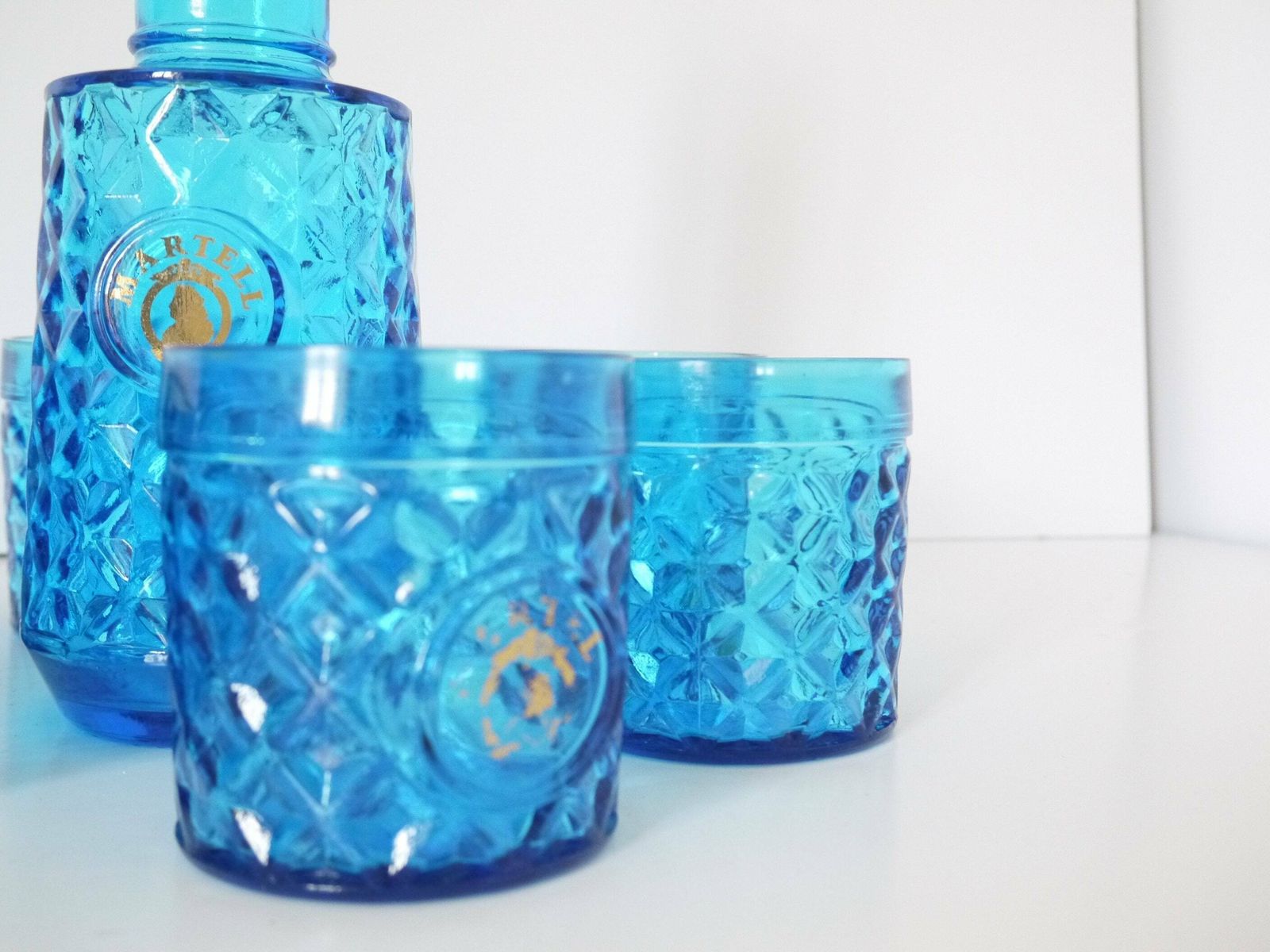 French Vintage Blue Glass Decanter Set With Glasses 8 Martel Liquor photo buy