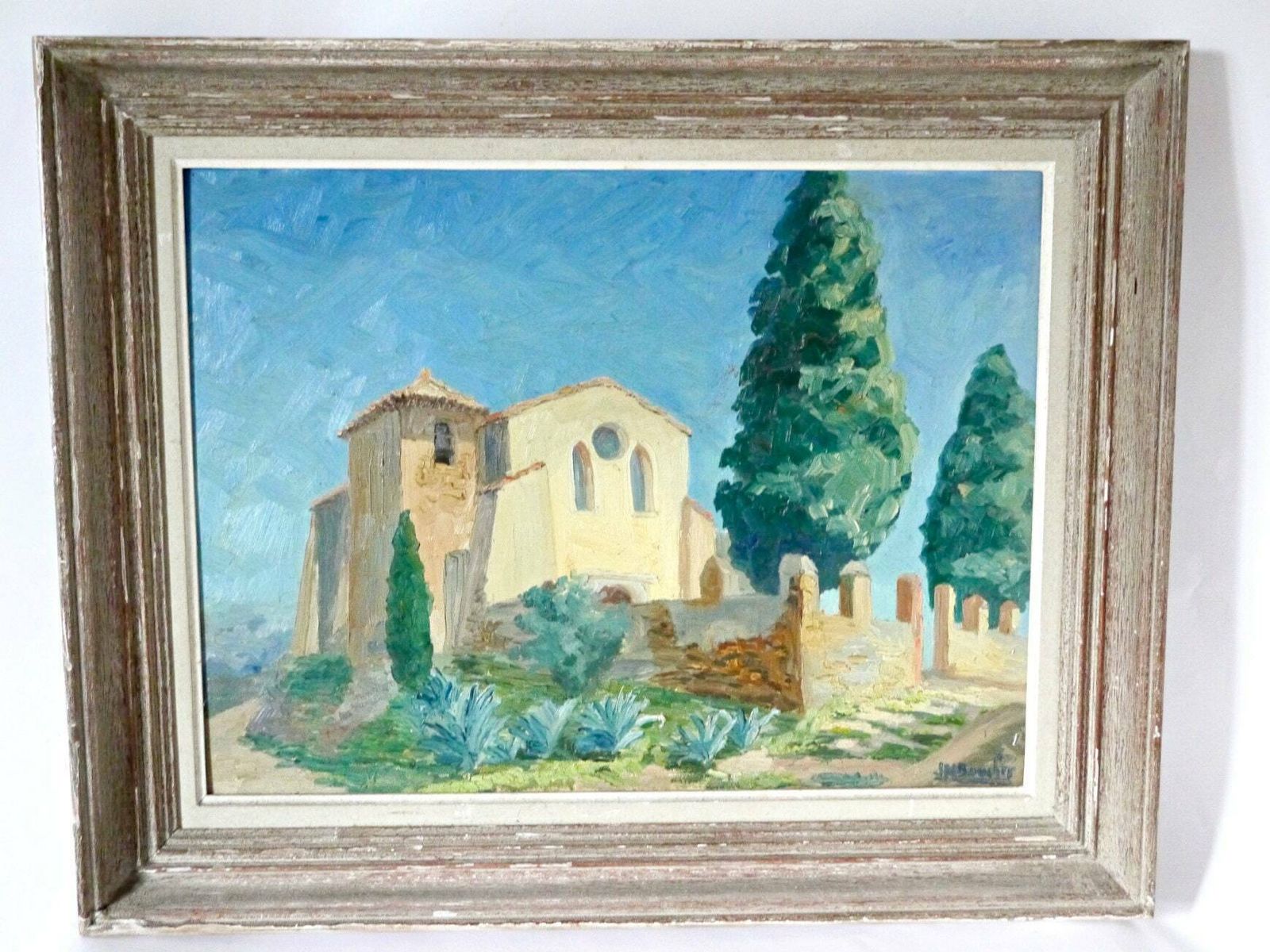 French Vintage Landscape Province Farmhouse Oil Painting Large With Frame