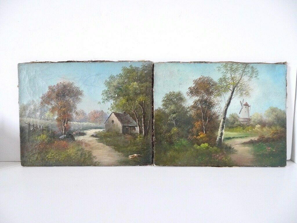 French Vintage Set Of 2 Two Oil Paintings Of A Countryside Windmill And House Landscape