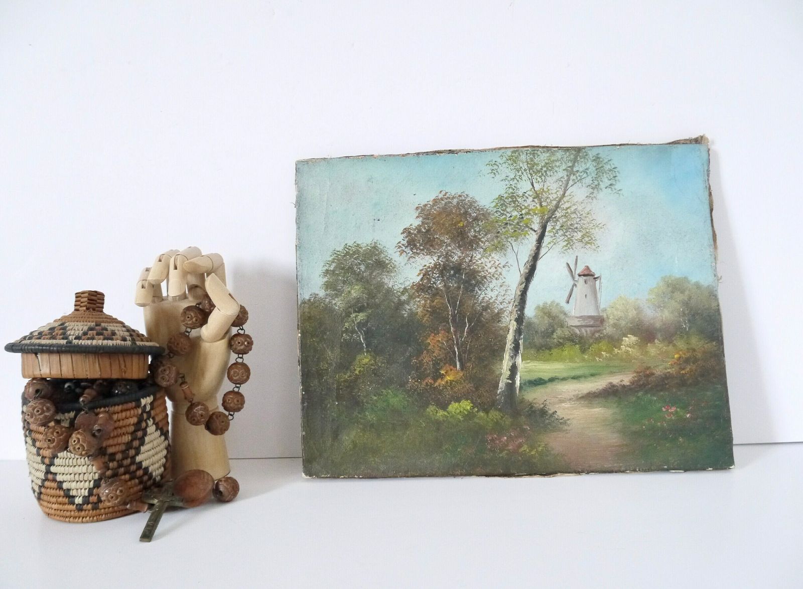 French Vintage Set Of 2 Two Oil Paintings Of A Countryside Windmill And House Landscape photo furniture