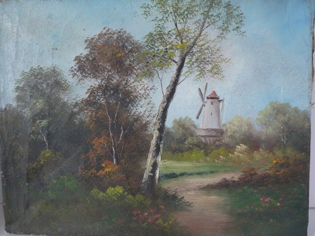 French Vintage Set Of 2 Two Oil Paintings Of A Countryside Windmill And House Landscape photo Art