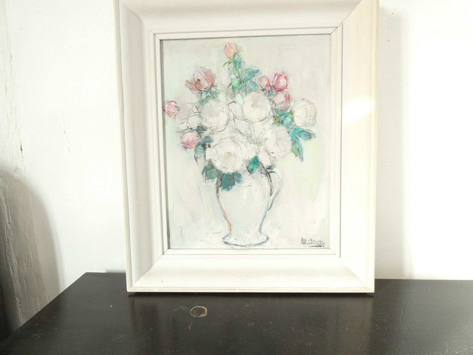 French Vintage Floral Rose Still Life Signed Mid Century Pastel Roses photo vintage