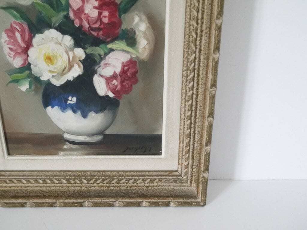 French Vintage Floral White And Pink Roses Still Life Signed photo Art