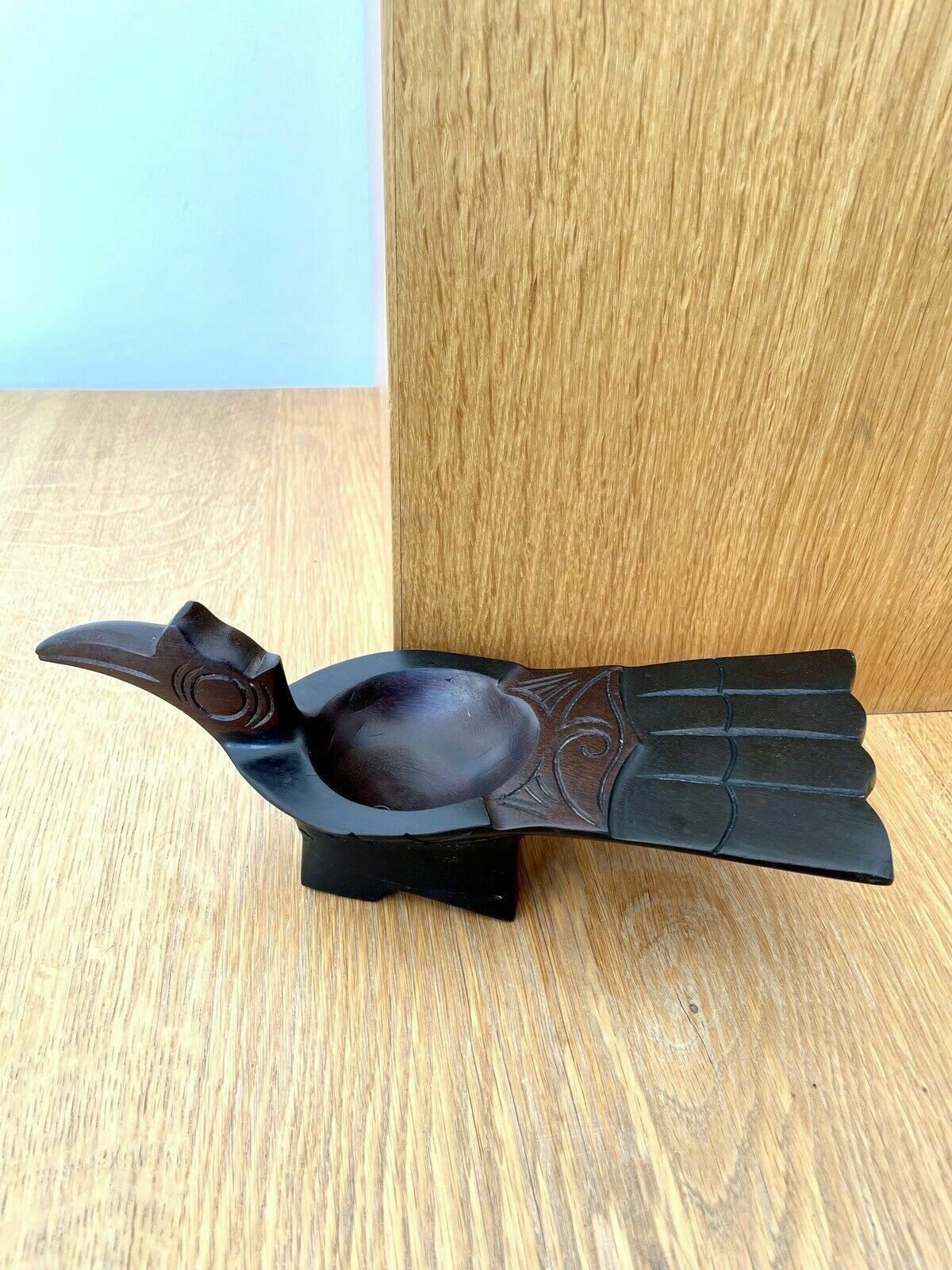 1950s Hornbill Rhinoceros Bird Hand Carved Wooden Bowl photo furniture