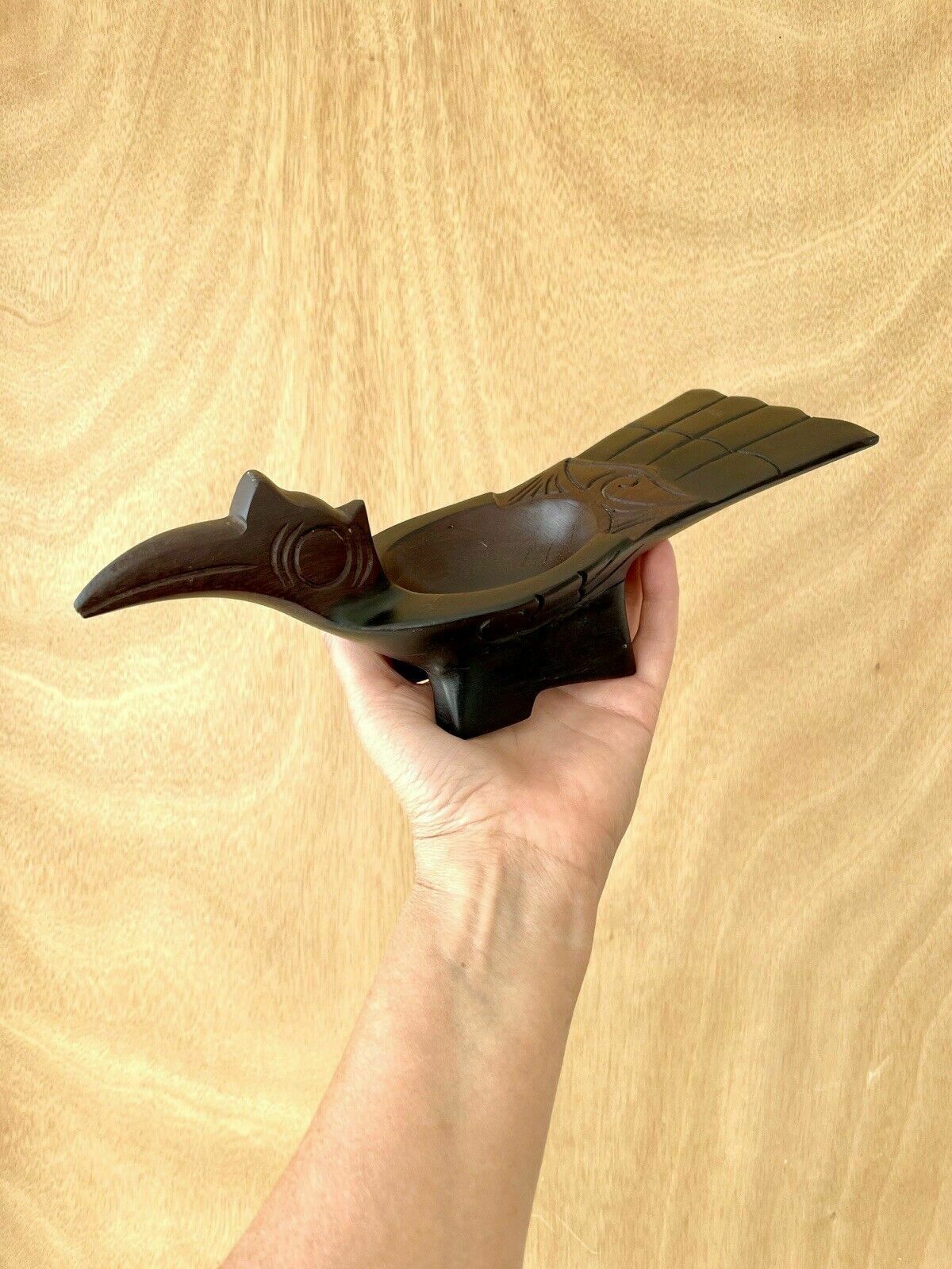 Home Decor 1950s Hornbill Rhinoceros Bird Hand Carved Wooden Bowl photo