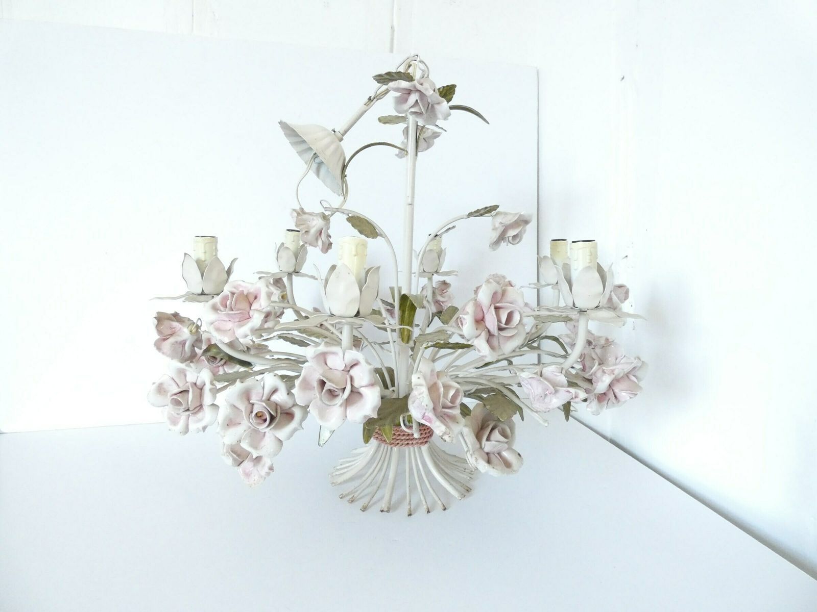 French Vintage Porcelain Rose Chandelier 6 Arms Large