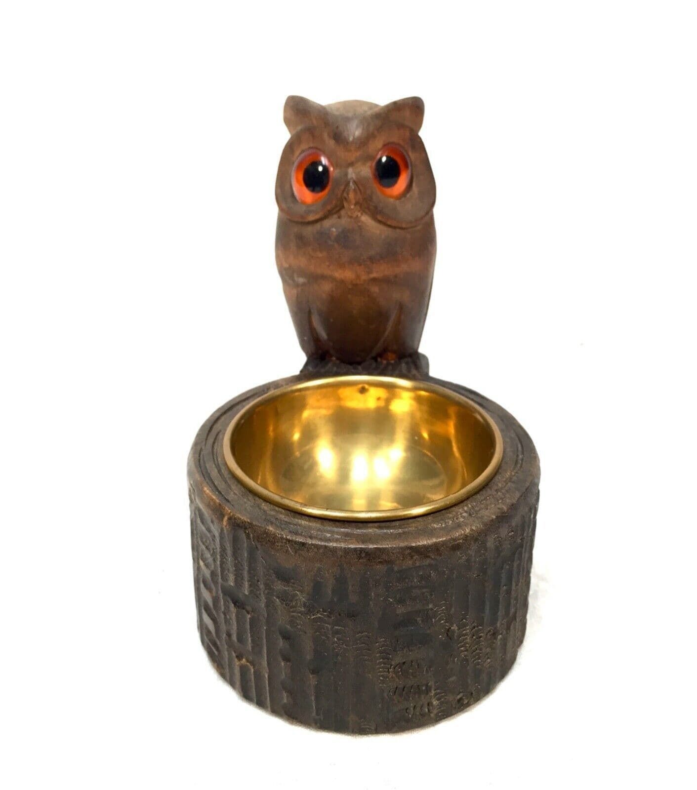 Antique Wooden Carved Owl & Brass Bowl Pin / Trinket Dish / Black Forest Style photo 65.0