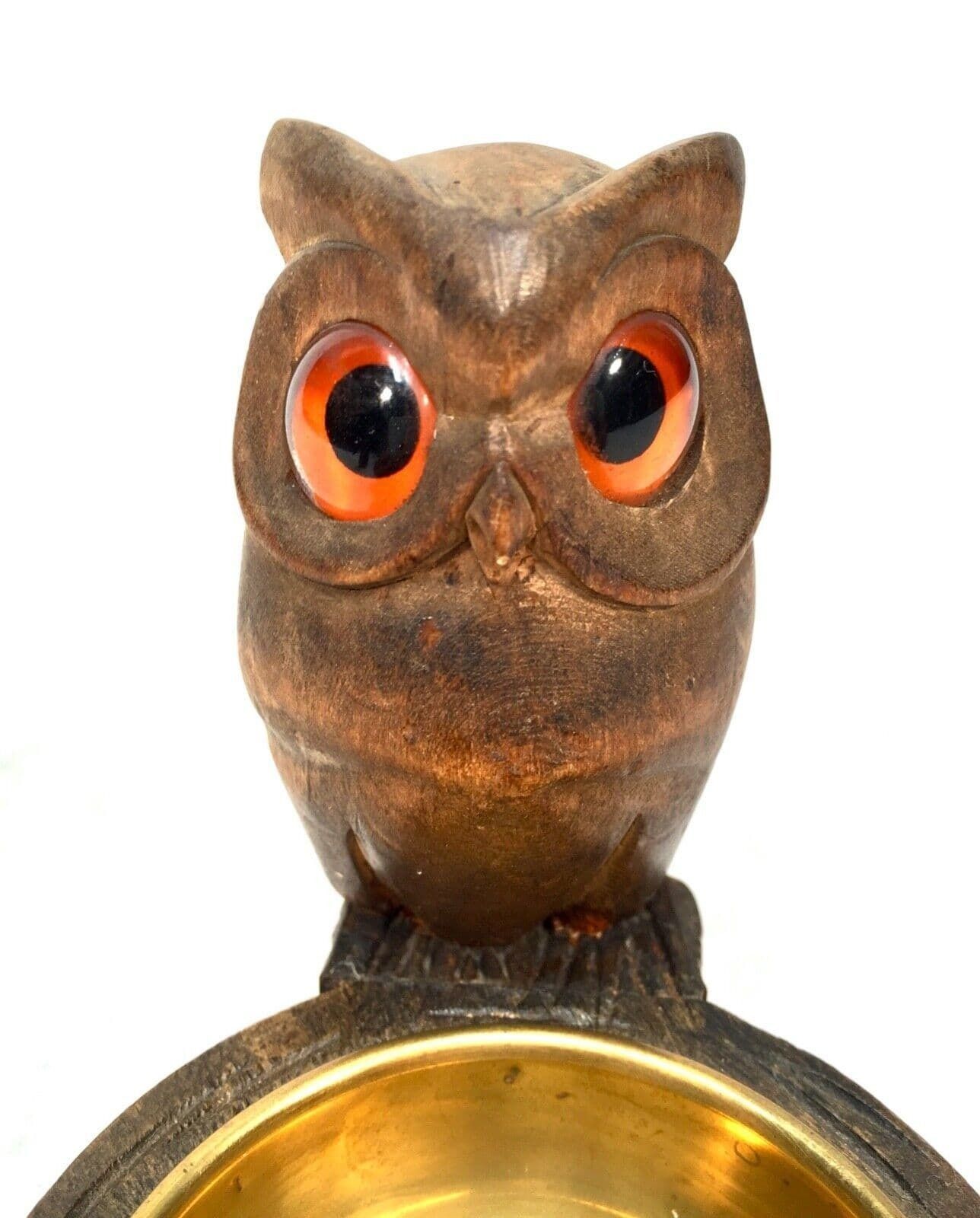 Antique Wooden Carved Owl & Brass Bowl Pin / Trinket Dish / Black Forest Style photo vinterior