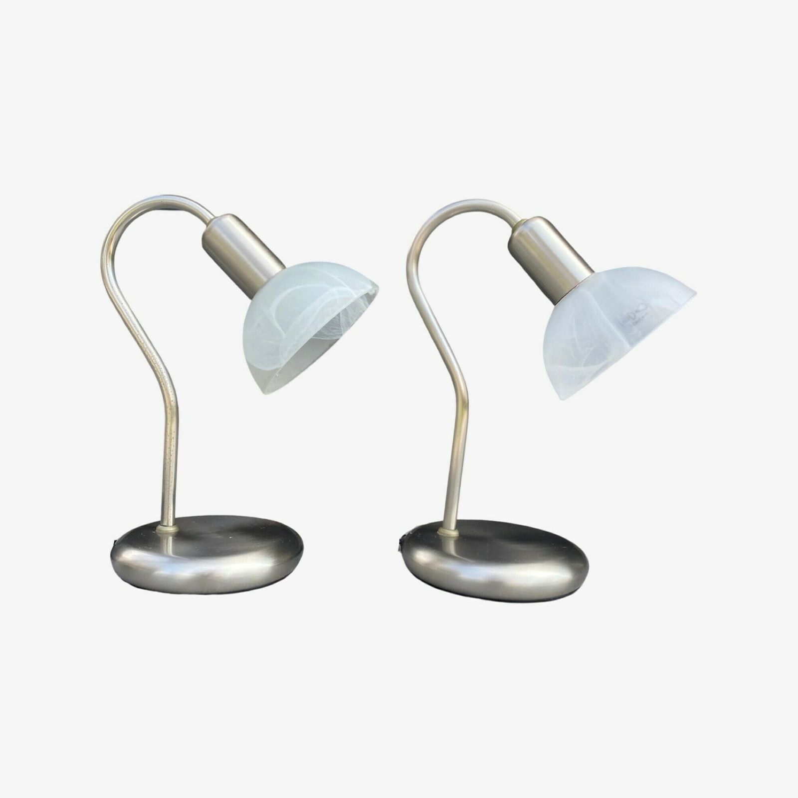 2 Retro Brilliant Night Lights | Brushed Chrome Metal Table Lights With Alabaster Glass Shades | Set Of 2 Mid Century Night Lights 1970s photo for sale