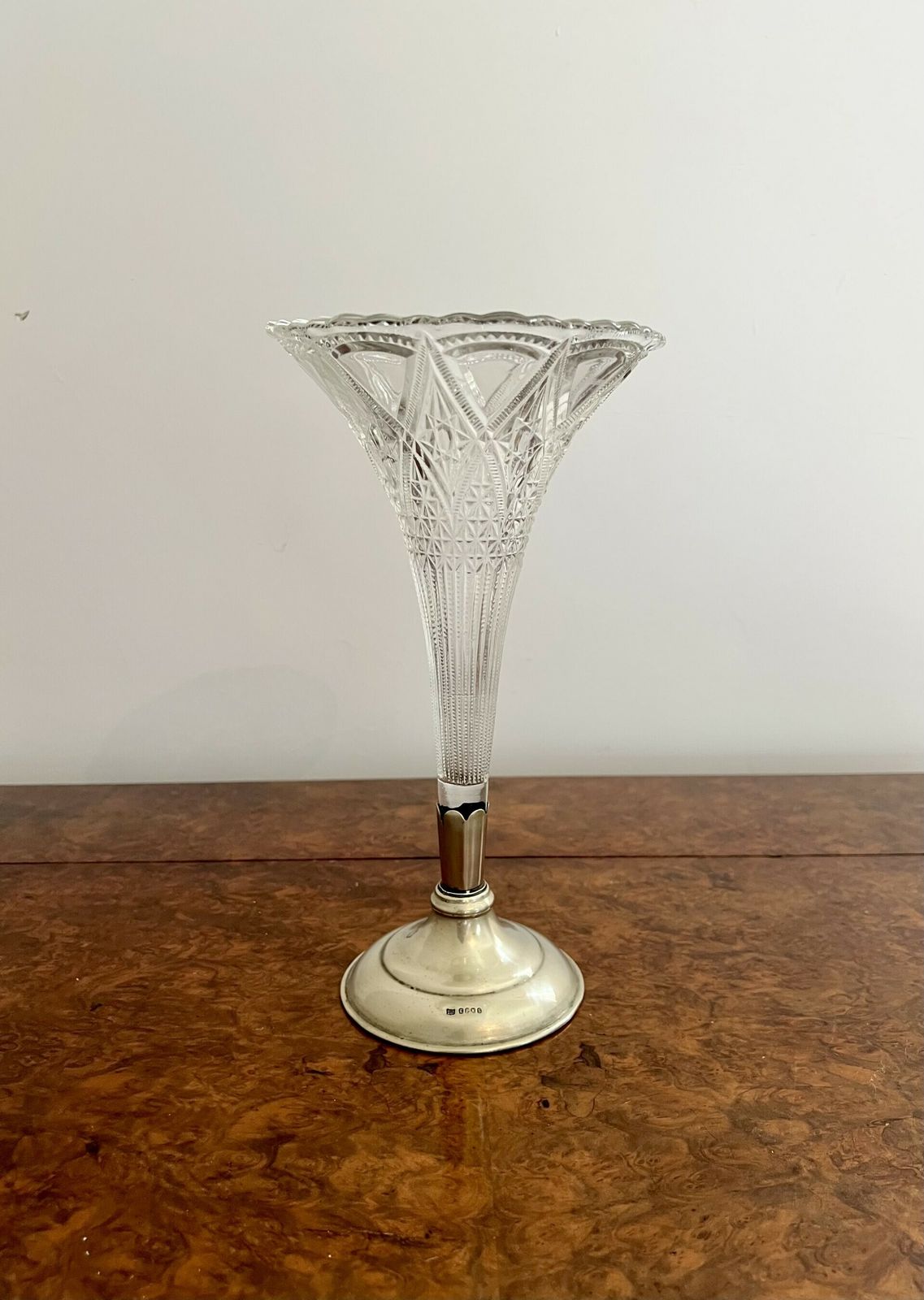 Fine Quality Edwardian Cut Glass And Silver Plated Fluted Spill Vase