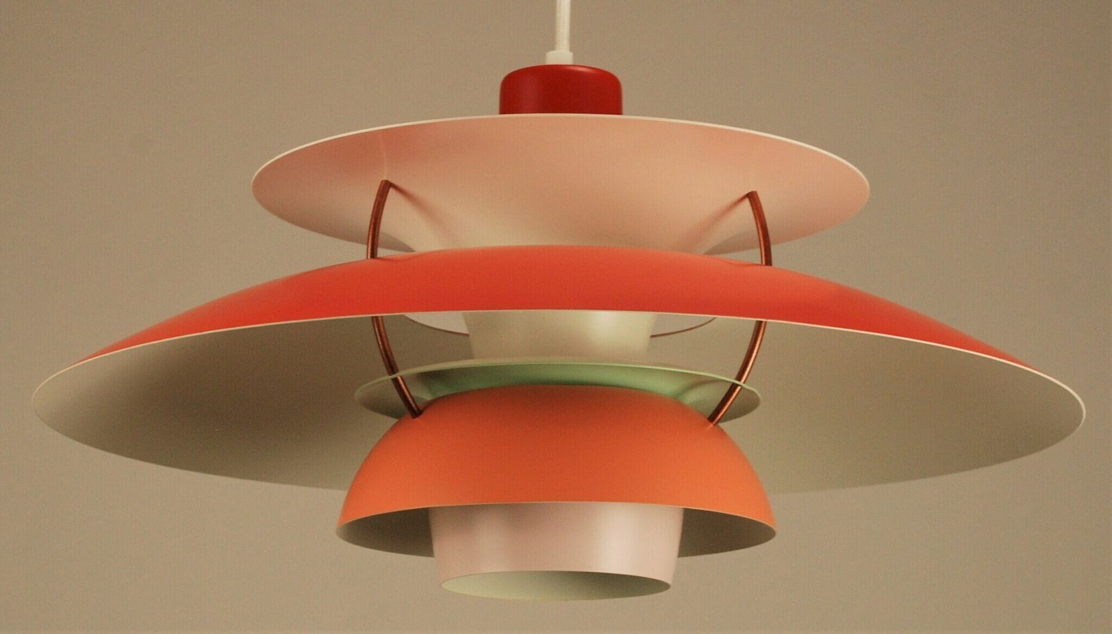 Custom Louis Poulsen Ph5 Pendant | Vintage 1970's 'Red/Peach/Light Pink' | Mid Century Modern Design By Poul Henningsen, Denmark photo Lighting